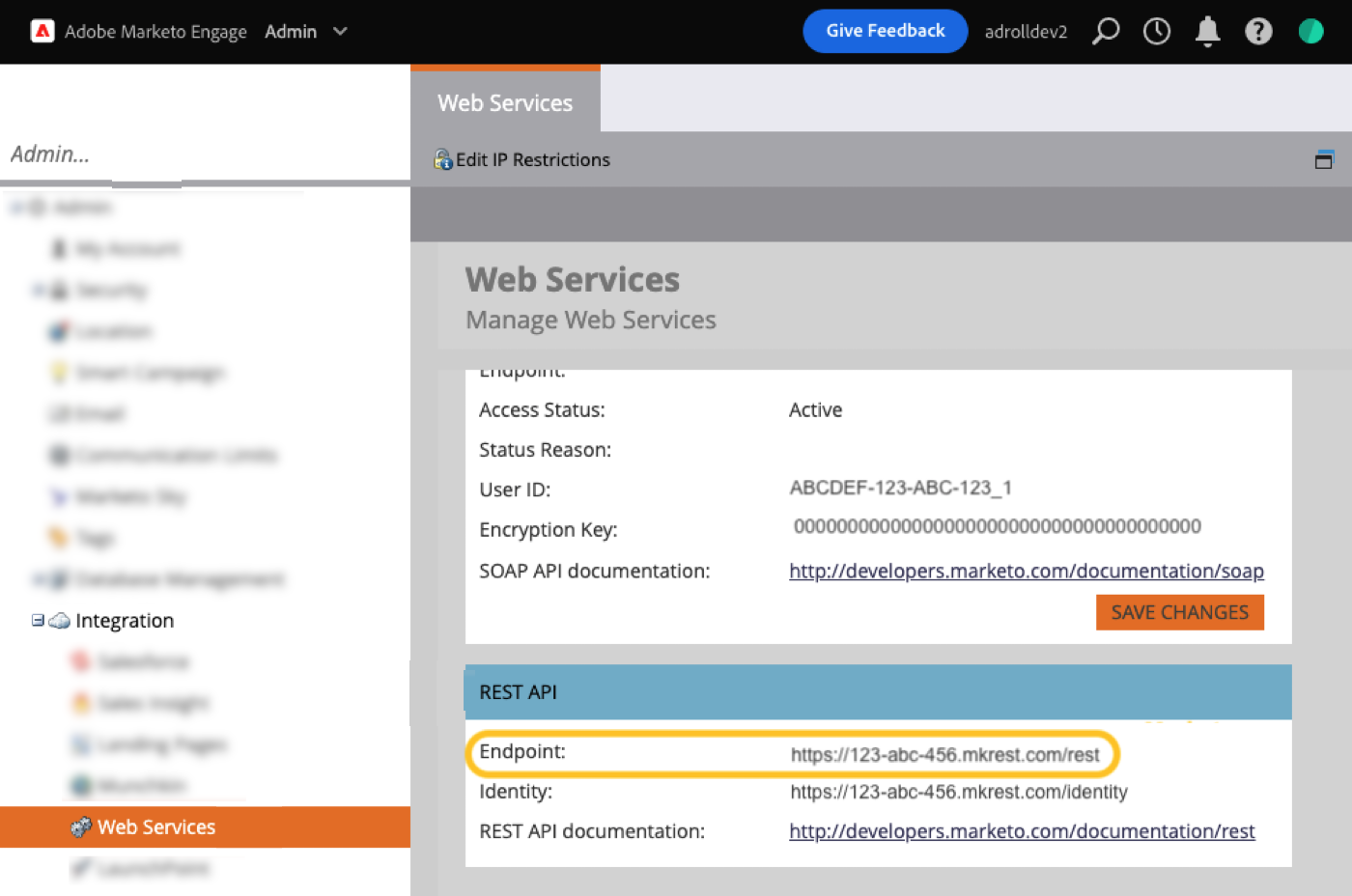 Marketo Web services page with REST API endpoint highlighted to copy into notepad