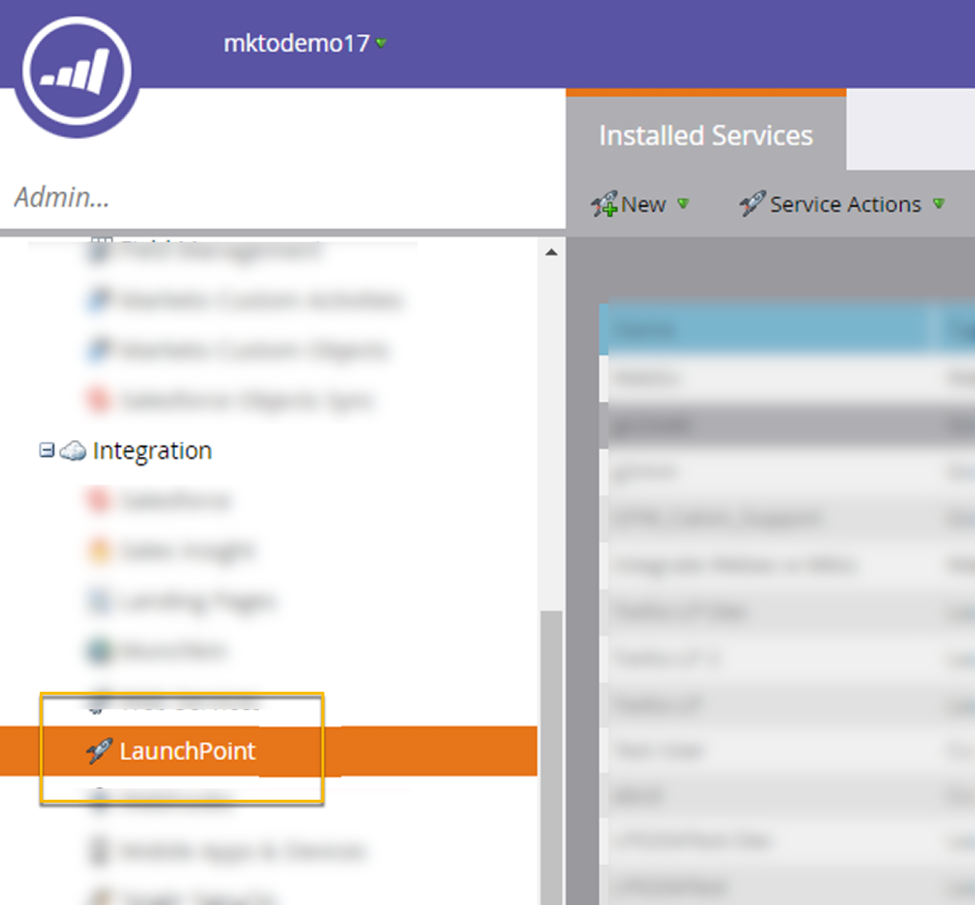 Marketo integration menu with LaunchPoint option selected from list