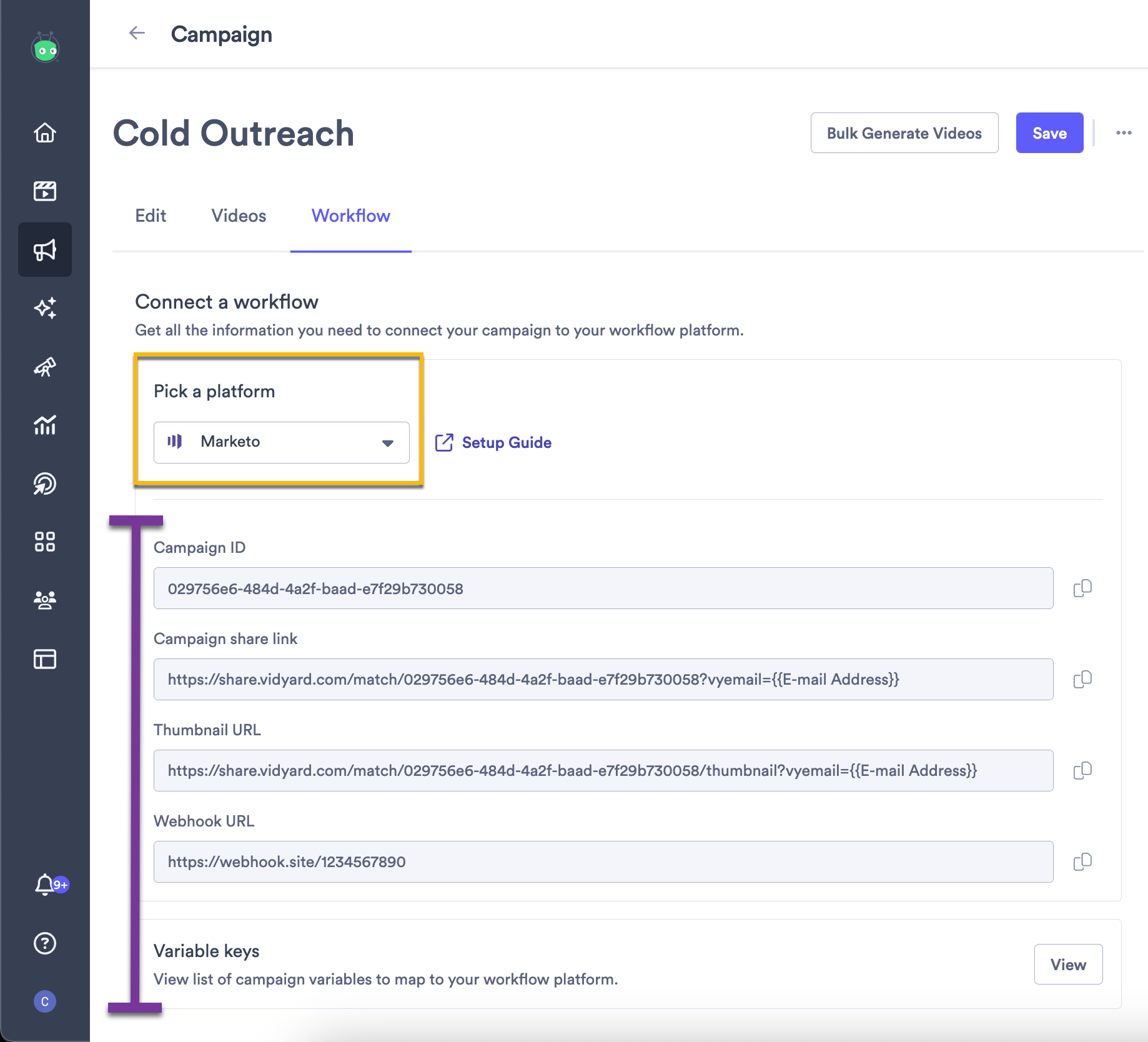 Vidyard campaign workflow with Marketo selected from platform dropdown and important values highlighted