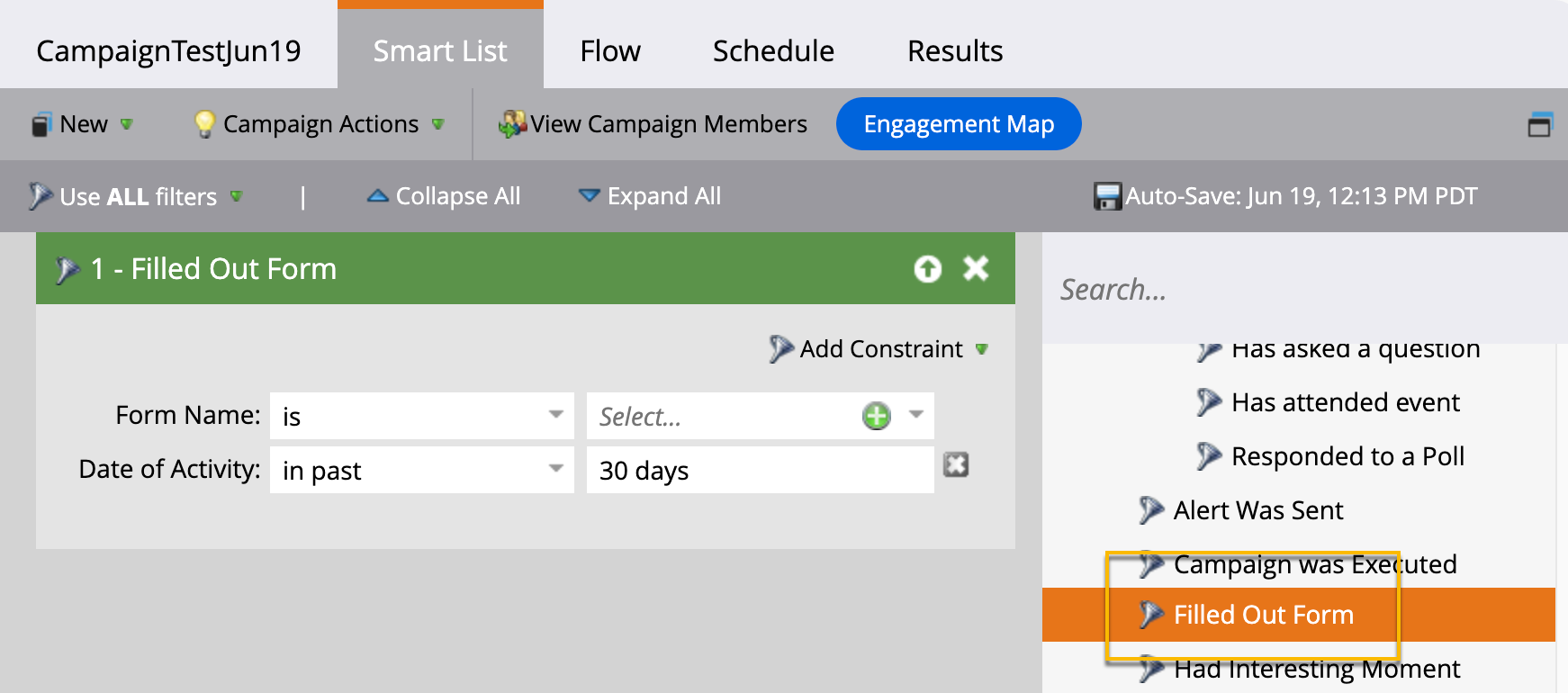 Marketo Smart Campaign with option for form fill trigger in the campaign's smart list