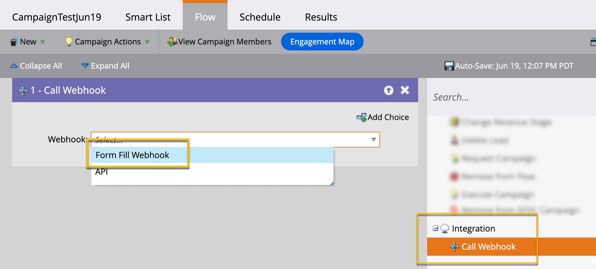 Marketo Smart Campaign Flow with form fill webhook selected from call webhook integration option