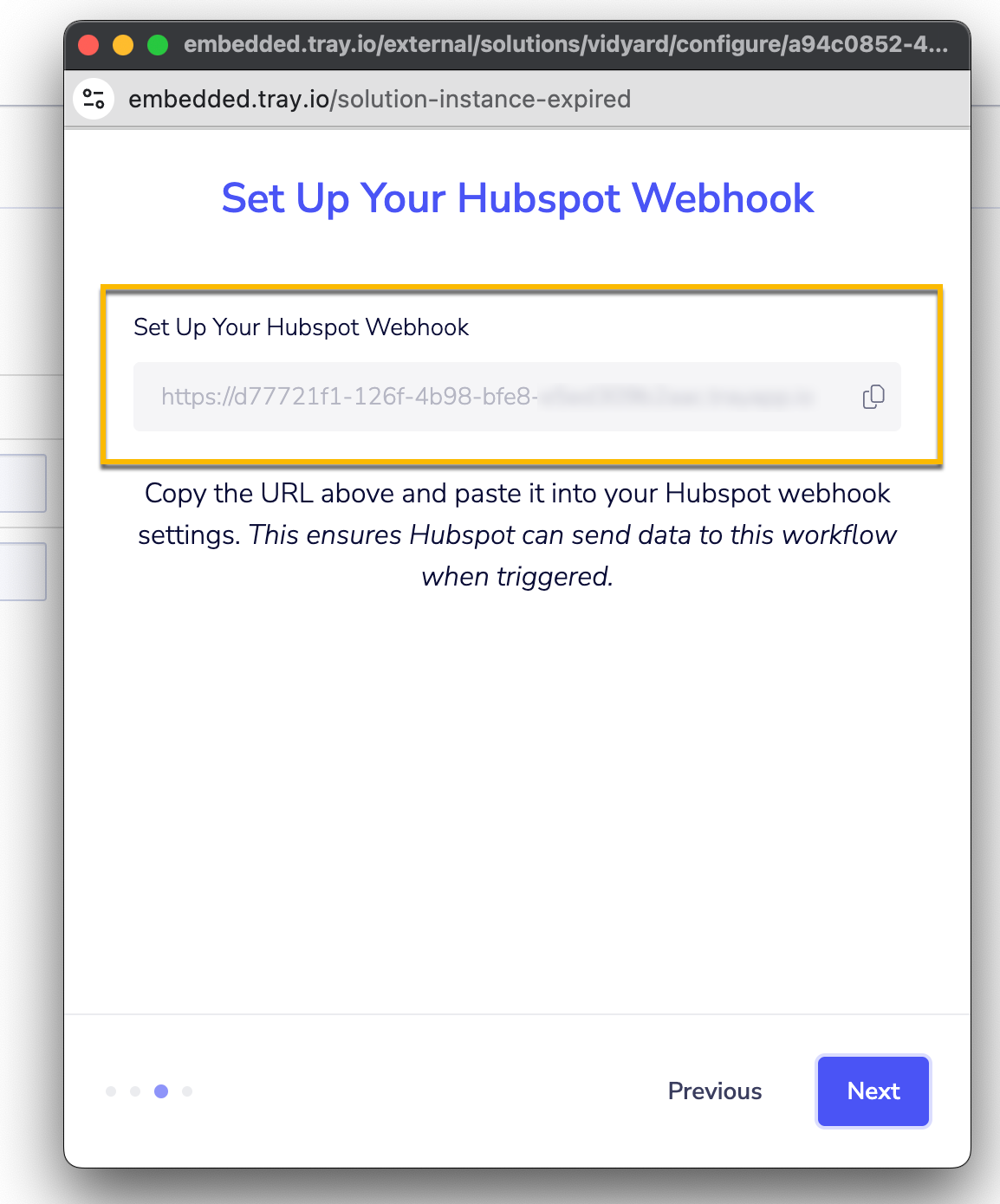 HubSpot webhook URL to be used in further setup within HubSpot