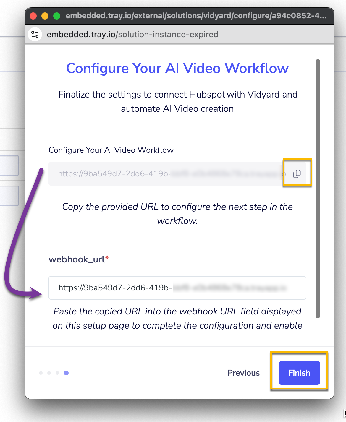 Vidyard Webhook URL to complete HubSpot integration configuration