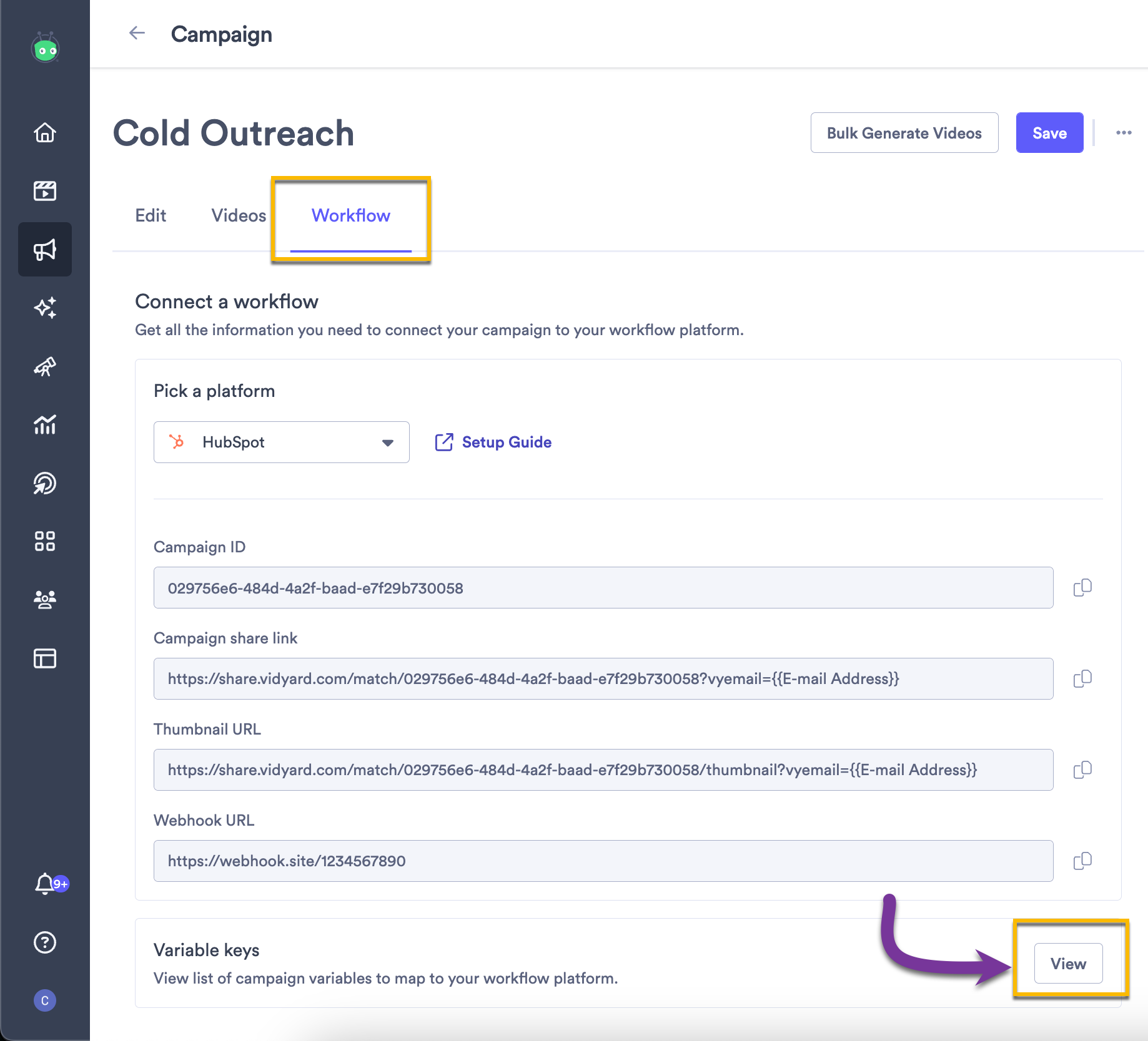 Vidyard's campaign workflow page with view button highlighted under variable keys section