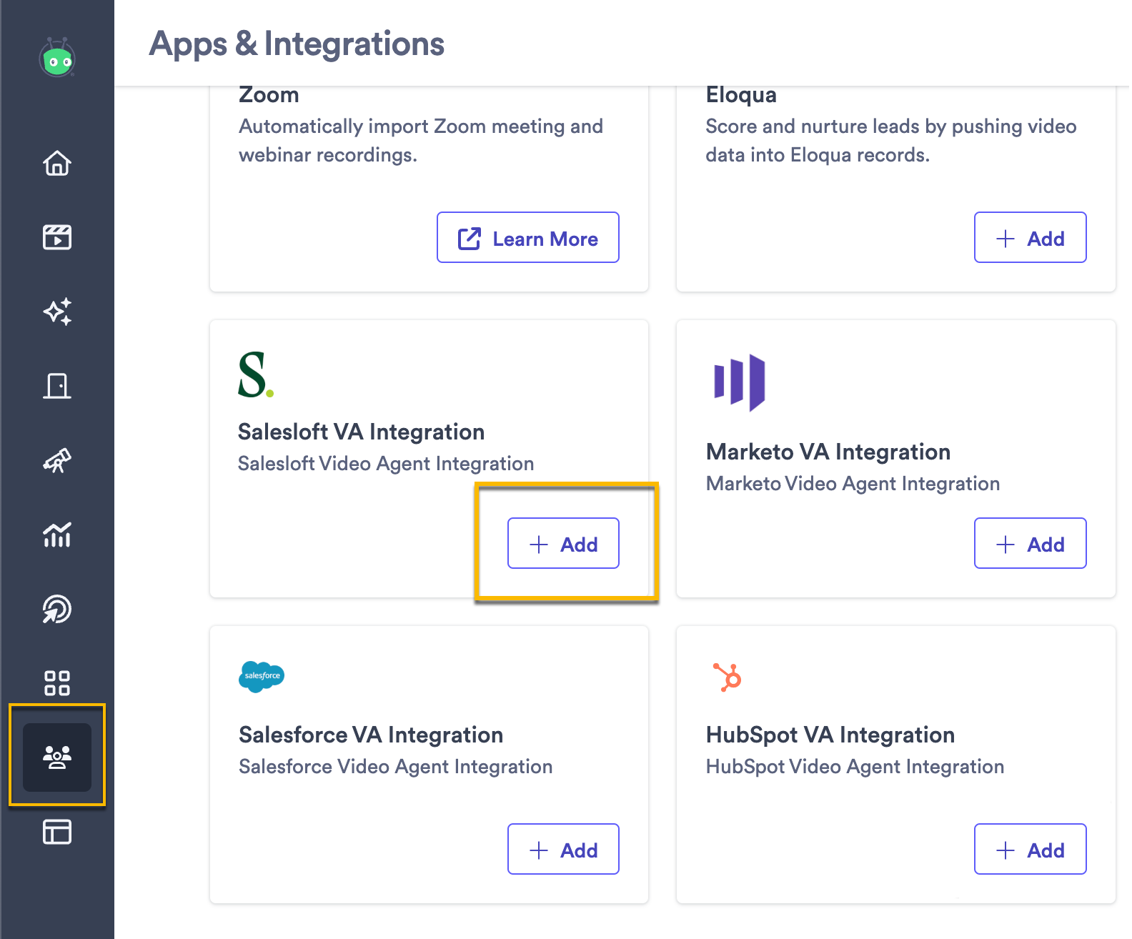 Vidyard integrations page with button to add Salesloft AIA integration highlighted