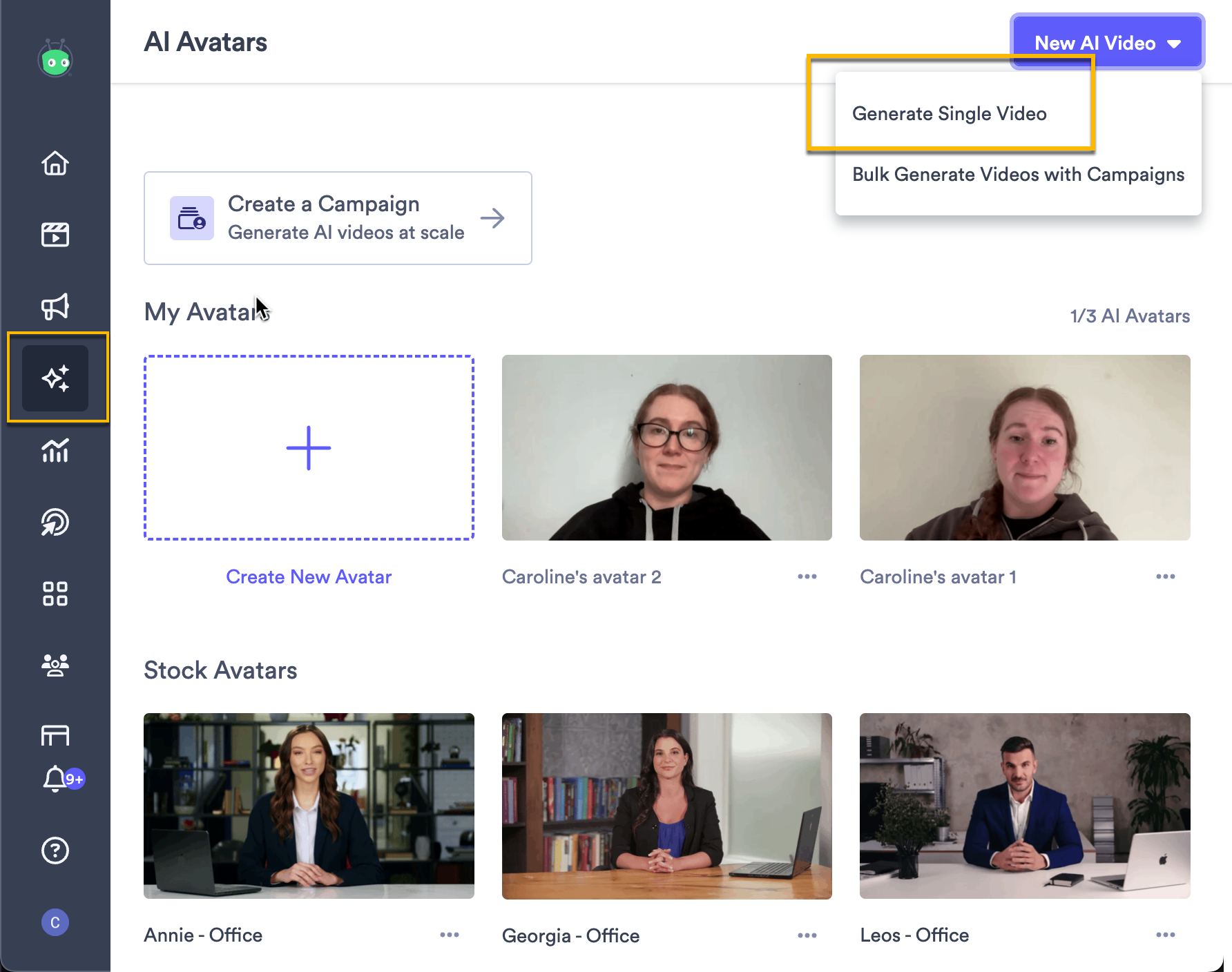 AI Avatars library in Vidyard dashboard with dropdown menu to generate video open and single video generation selected