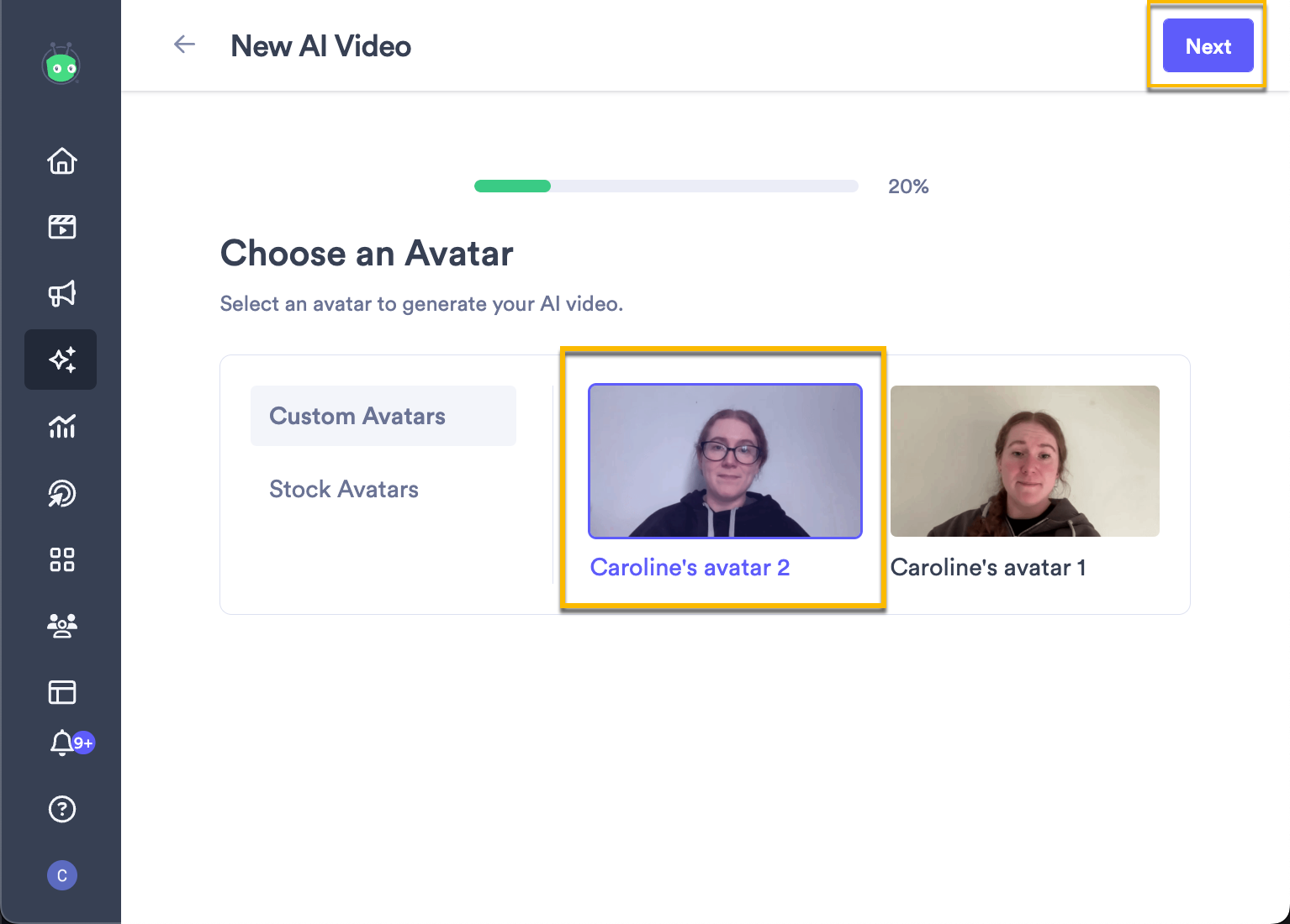 Avatar selection screen with options to choose either stock or custom created avatars