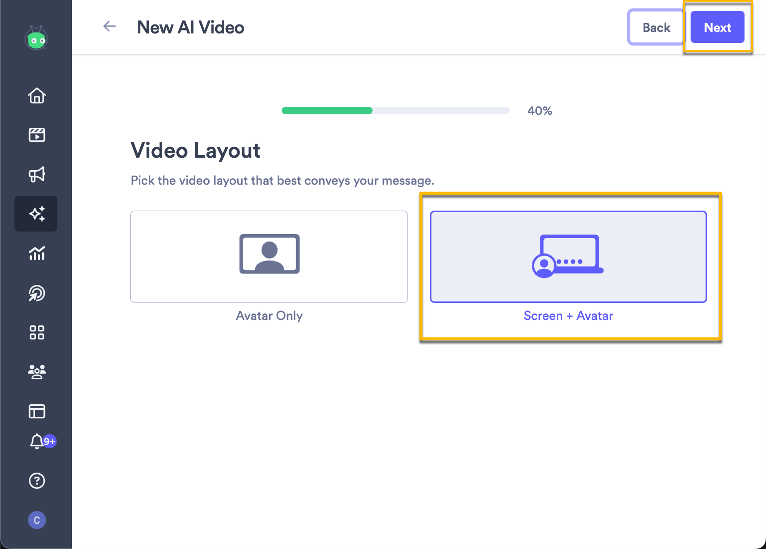 Video layout selection screen with options to create either an avatar only video or video with screen background and avatar
