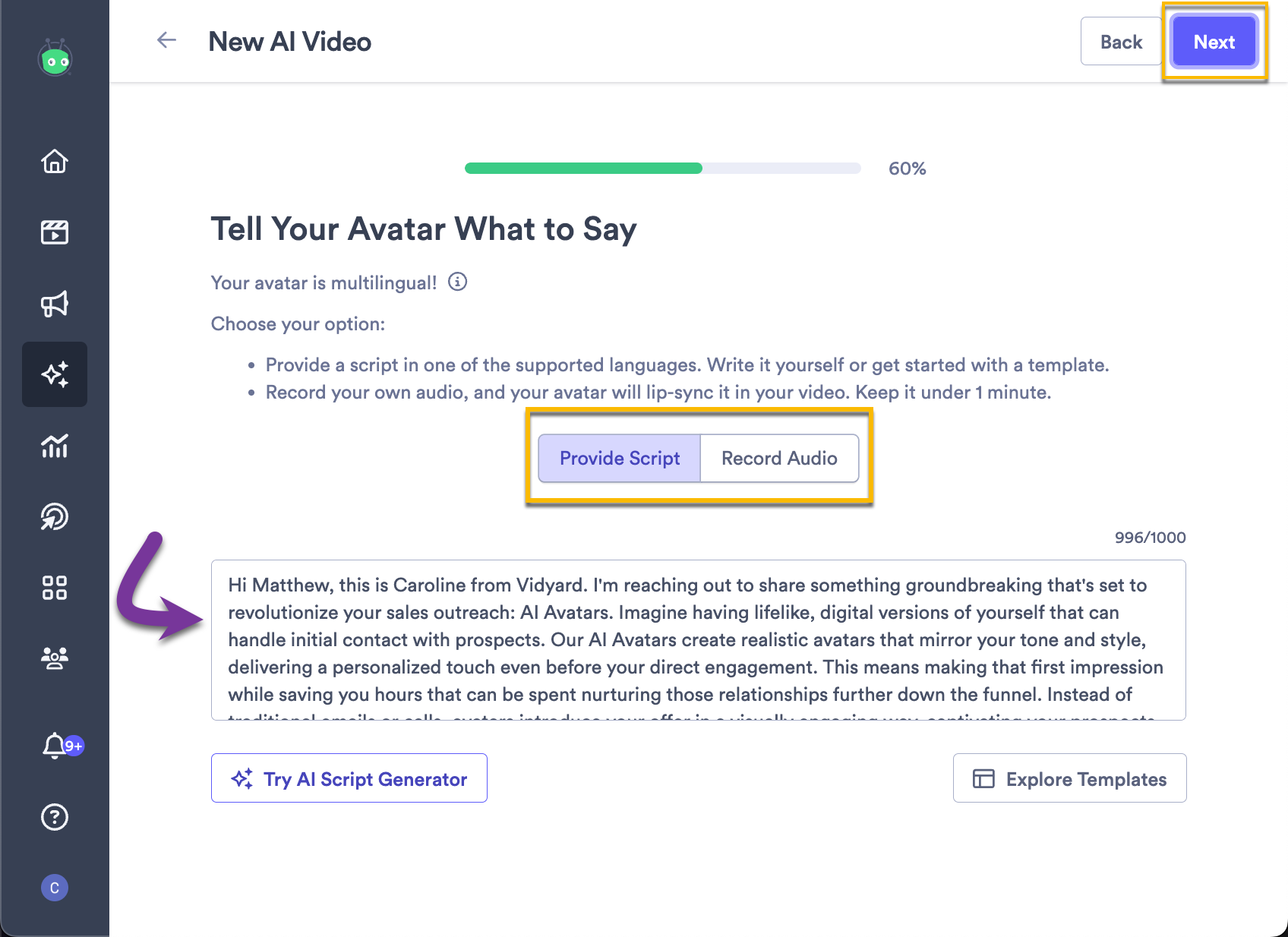 Video script section of AI video creation in library with option for script or audio recording and next step button highlighted