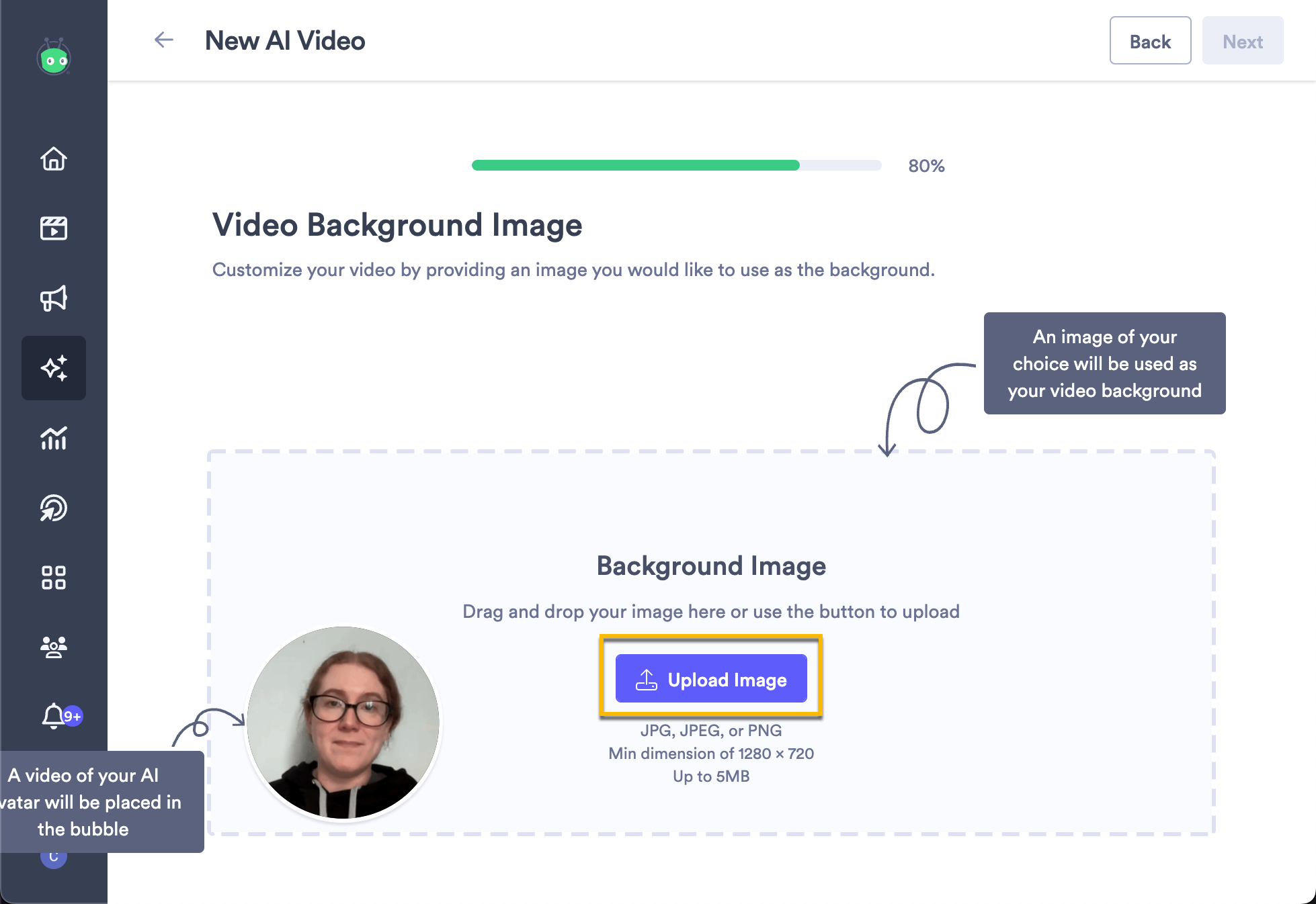 Video background image section of AI video creation with button to upload image and next step button highlighted