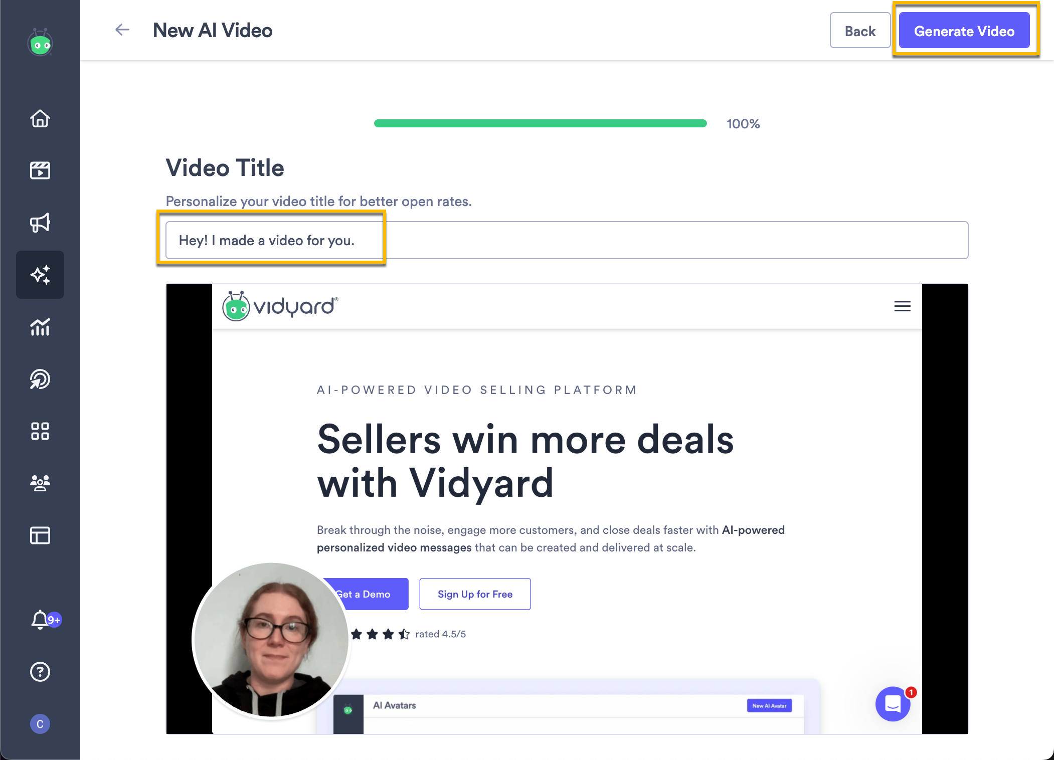 Final section of AI video creation in library where you can enter your video name and generate your AI video