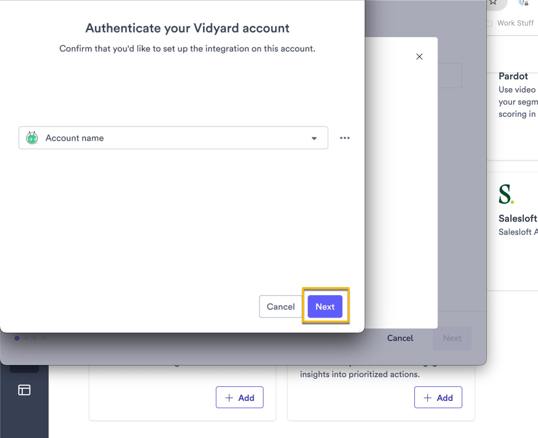 Vidyard authentication page with account selected and next button highlighted to continue process