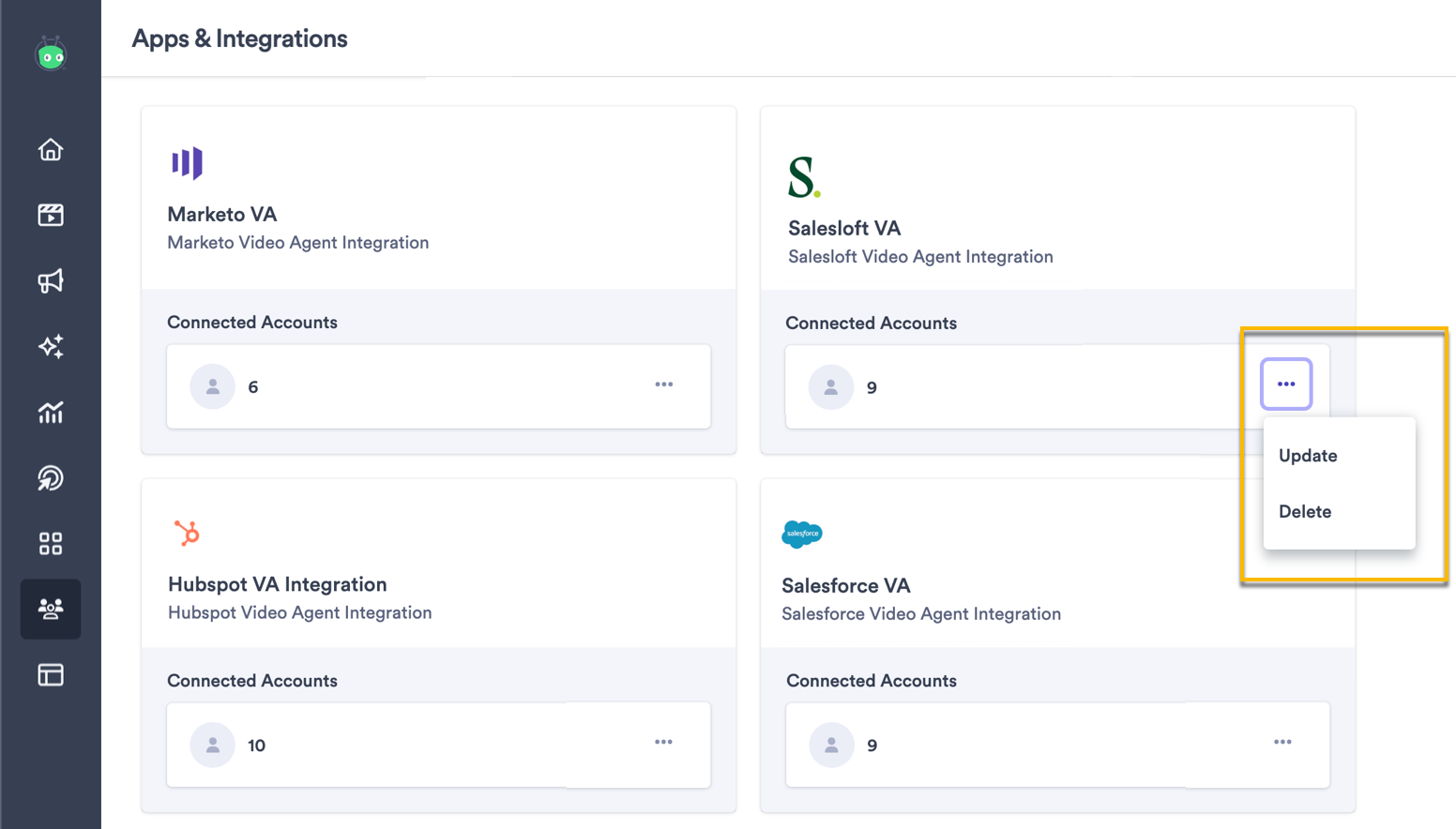 Vidyard integrations page with Salesloft VA integration menu open and update and delete highlighted