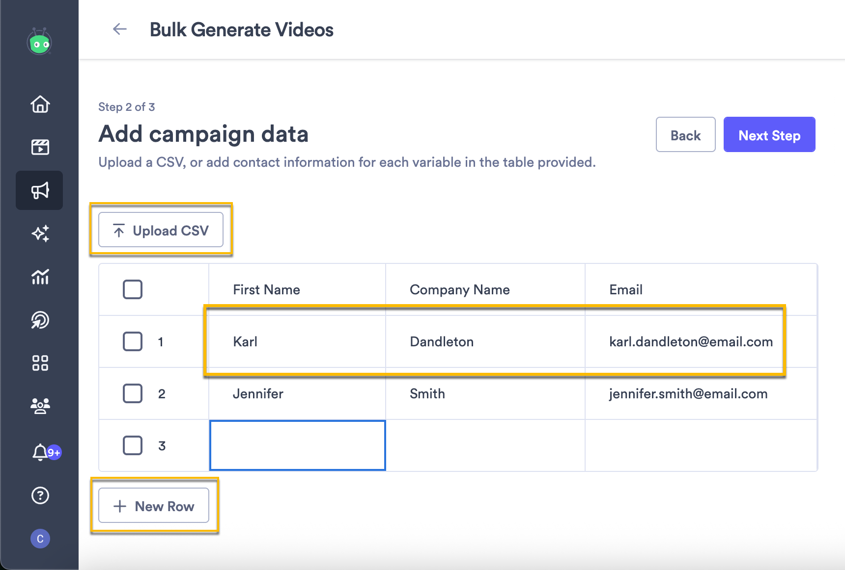List of contact information to create personalized videos, with options to create new row or upload CSV file highlighted
