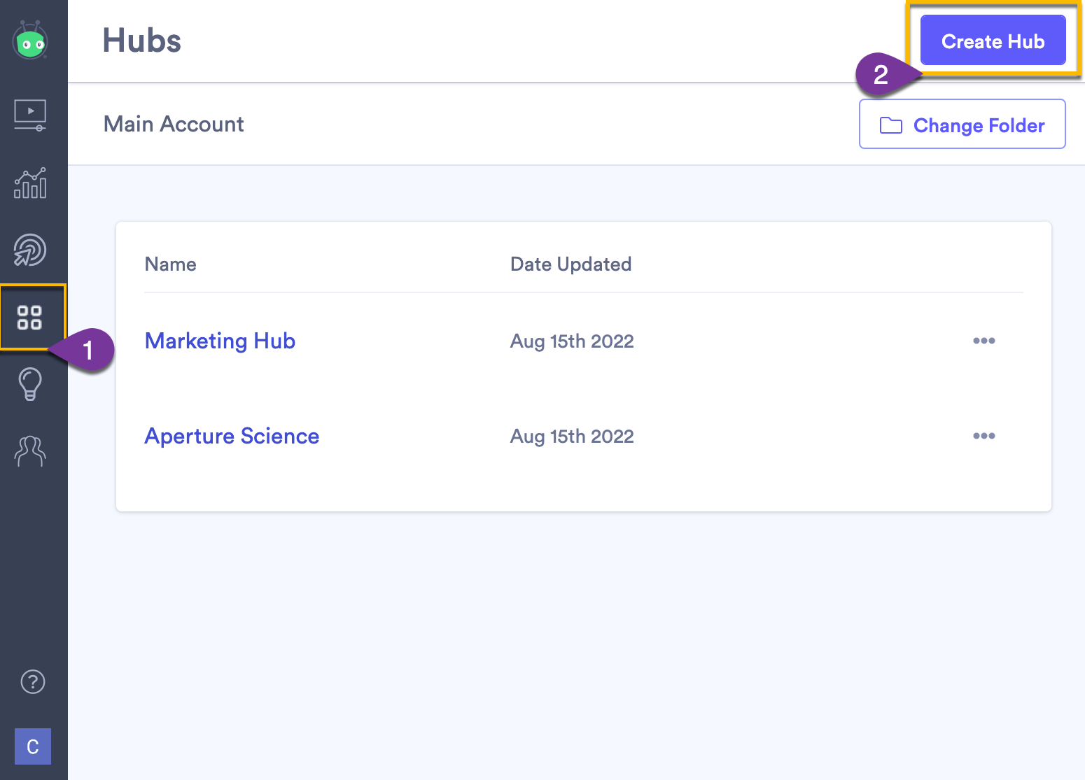 Creating a new hub in Vidyard