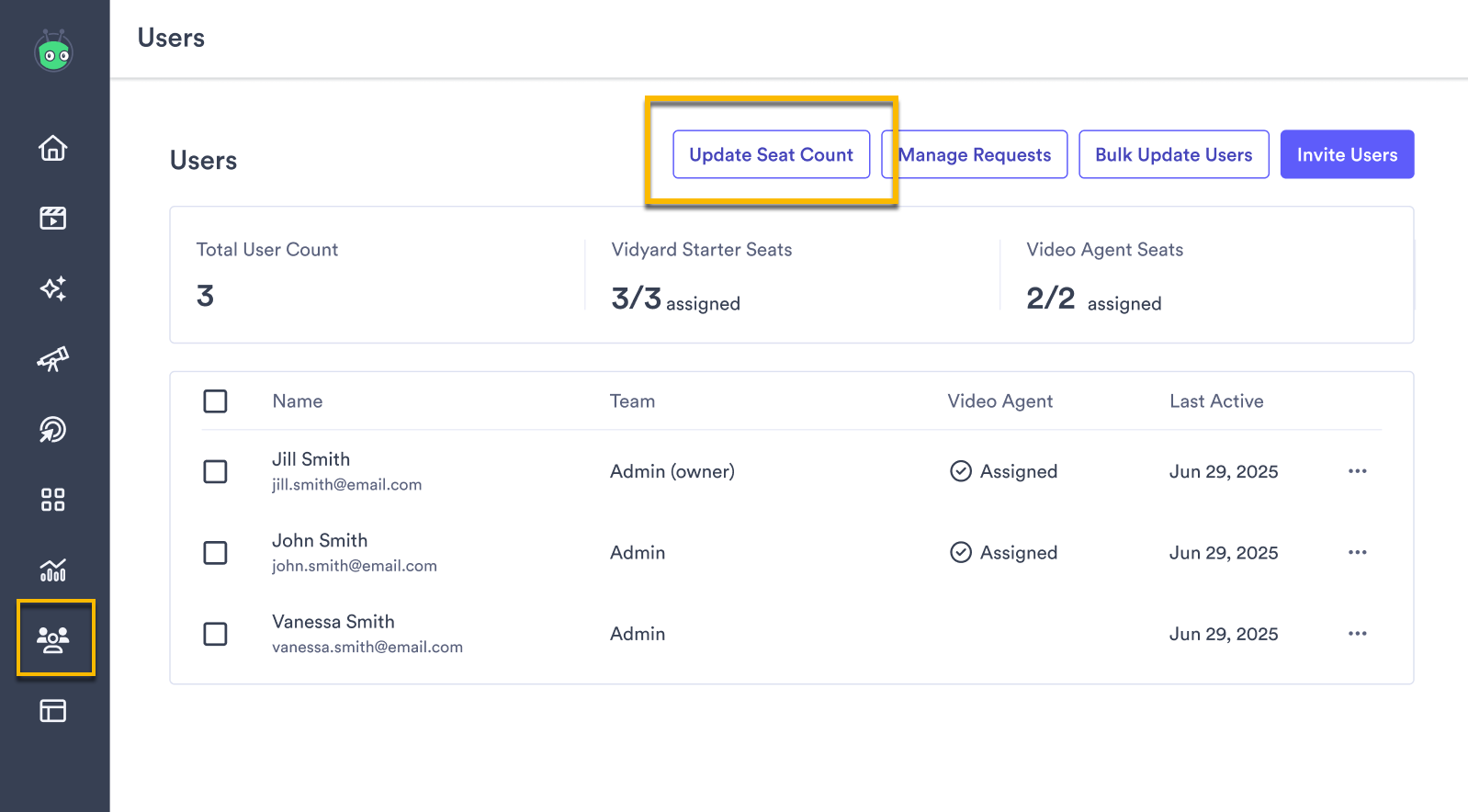 Vidyard users page with Update seat Count button highlighted to add or remove seats on an account