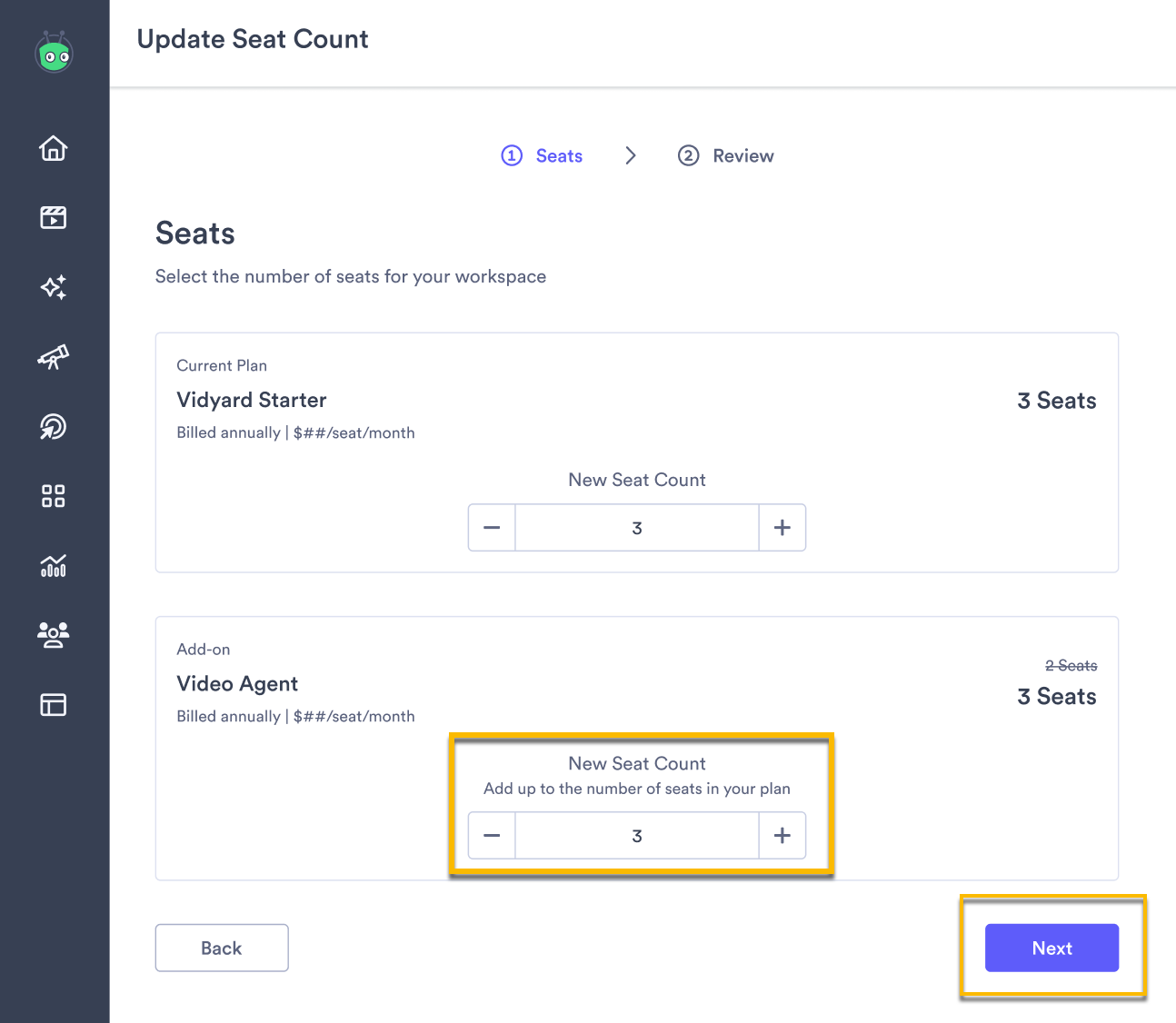 Counter for updating both types of seats set at three, with plus and minus buttons highlighted and confirm highlighted to proceed to next step