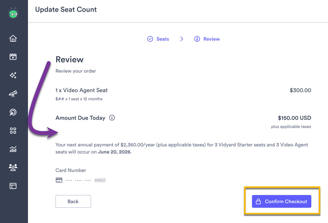 Checkout confirmation page with acccount billing detail information and button to confirm checkout highlighted