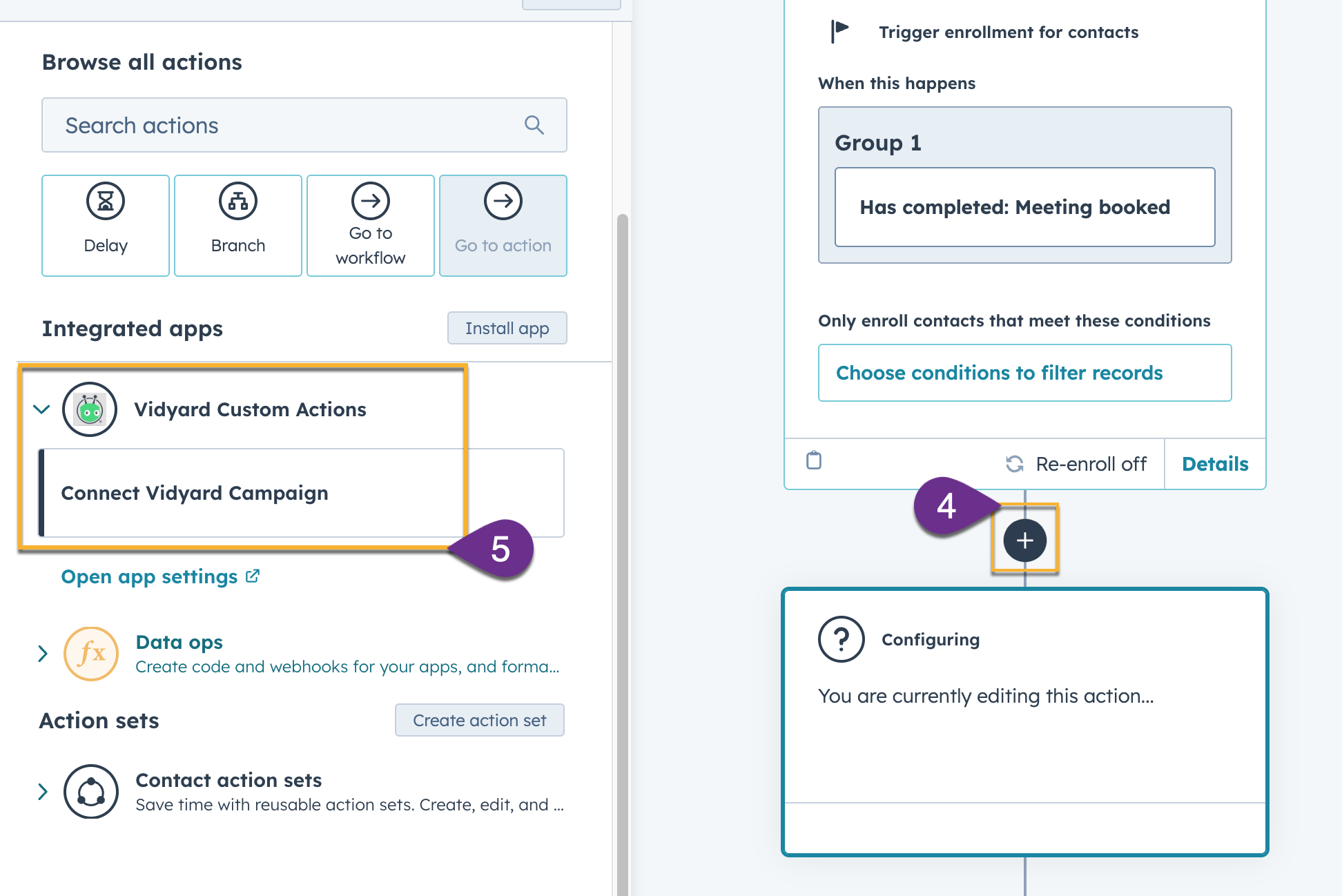 Creating an action that selects a Vidyard campaign to connect to your HubSpot workflow