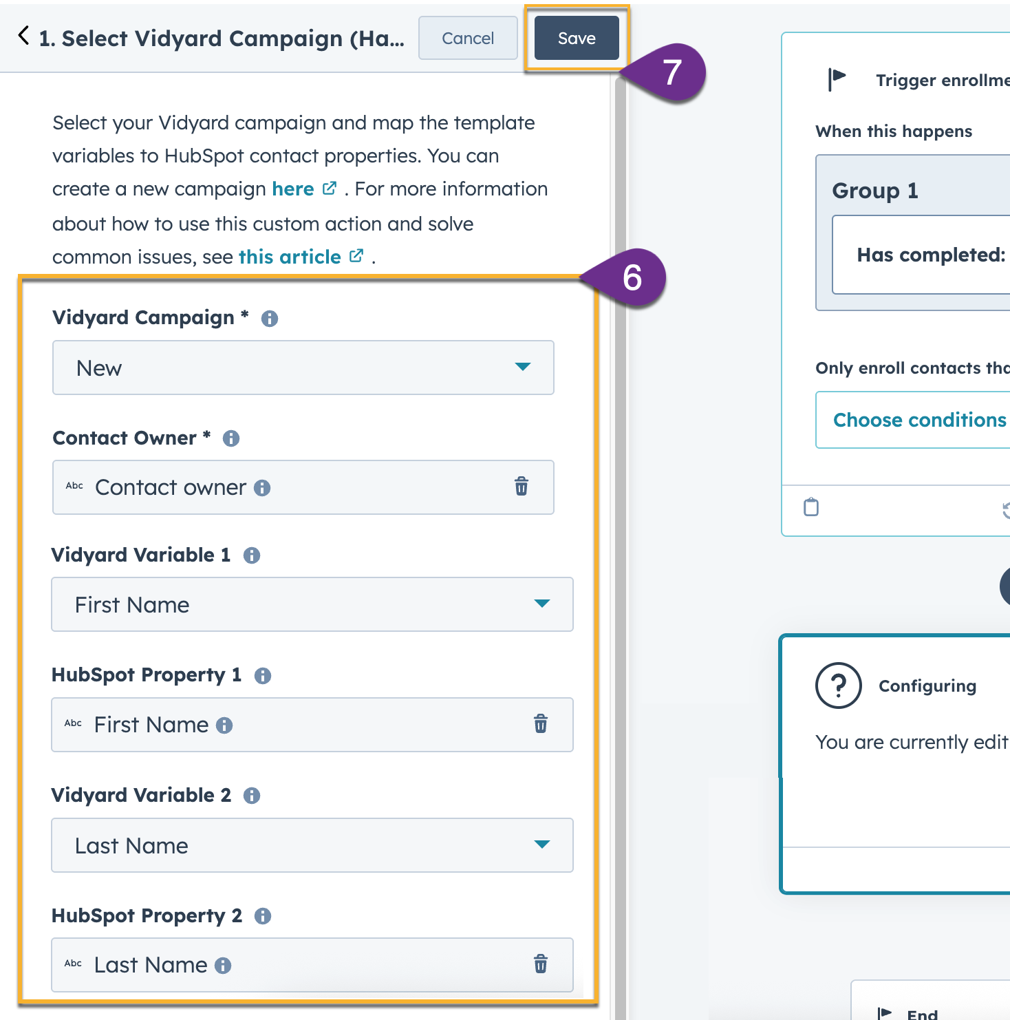 Vidyard campaign variables with fields to map each variable to its corresponding HubSpot property