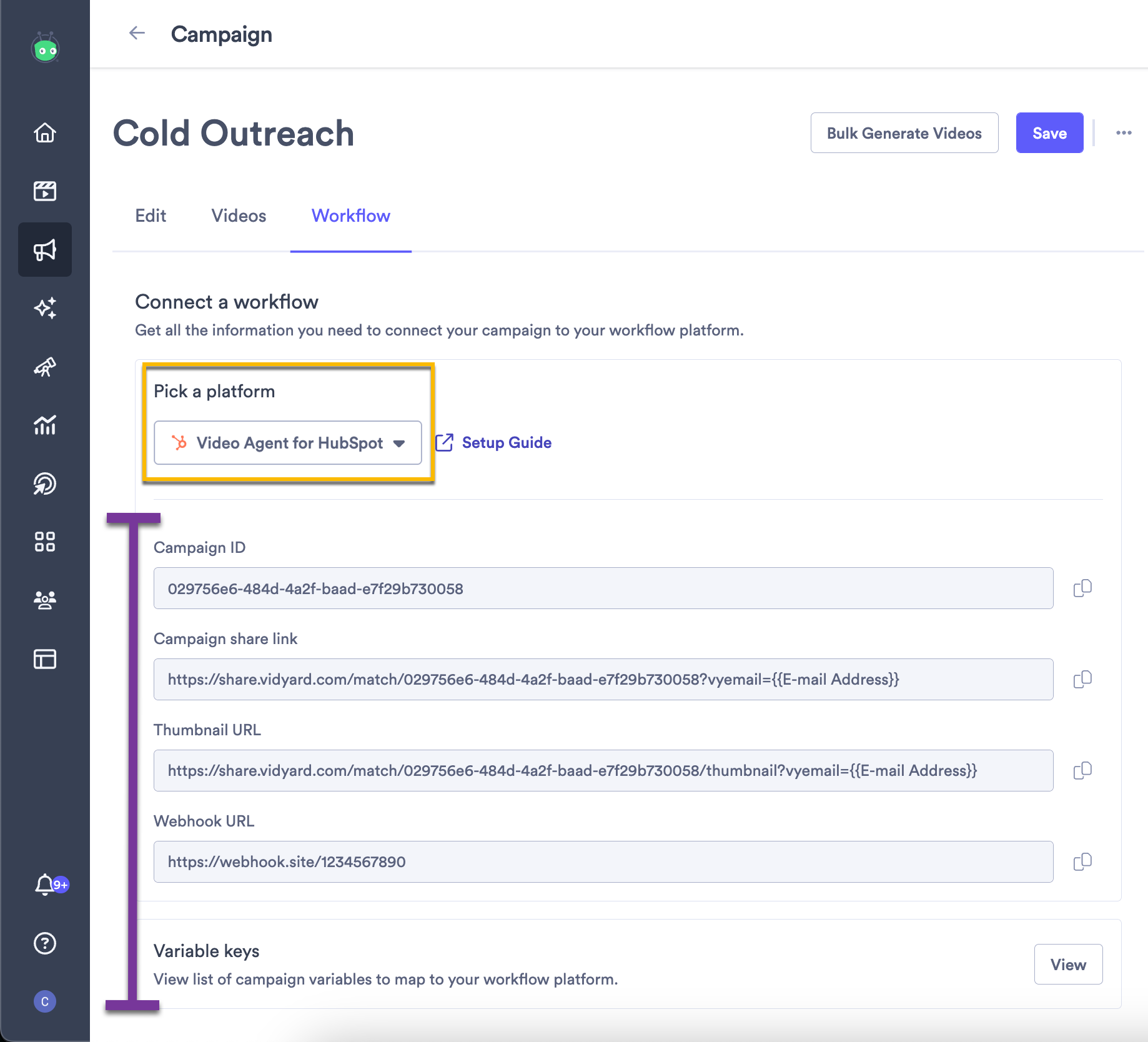 Vidyard campaign workflow with Video Agent for HubSpot selected from platform dropdown and important values highlighted