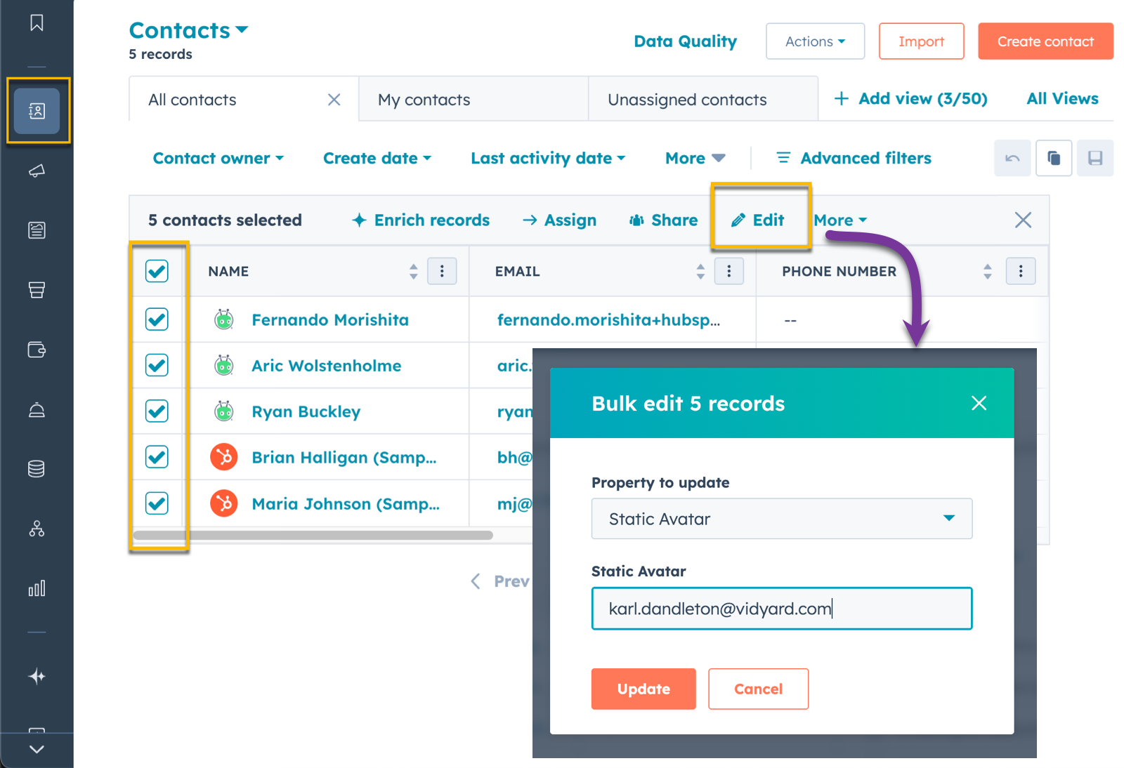 Editing HubSpot contacts in bulk to assign an email to the Static Avatar property
