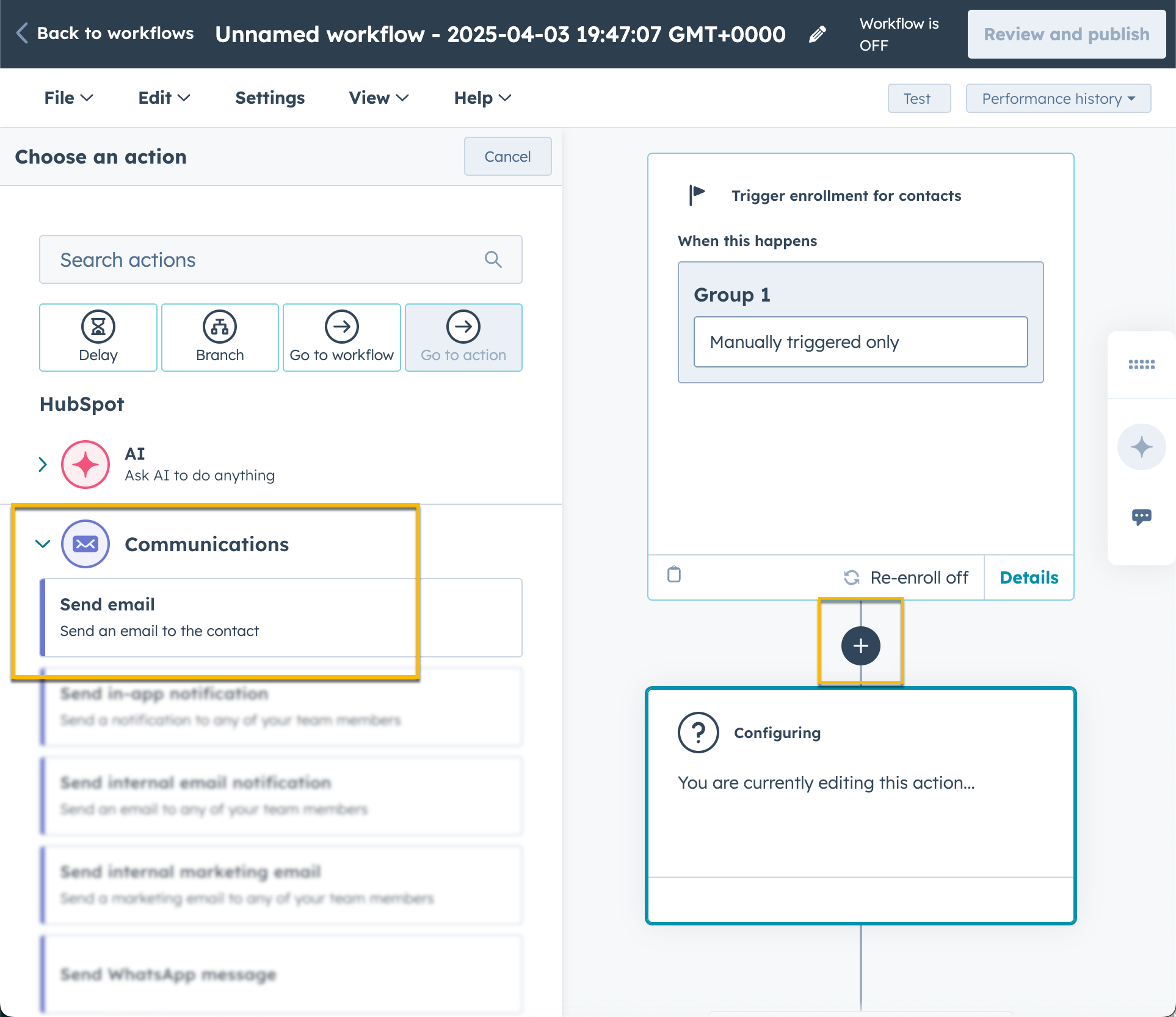 Selecting a HubSpot action to send an email in your Workflow