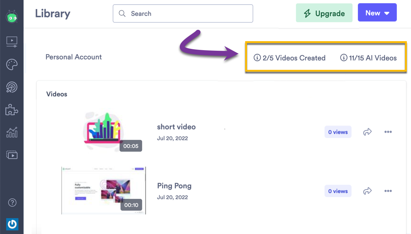 Your video usage limit in the top-right corner of your library, indicating how many more videos you can create this month