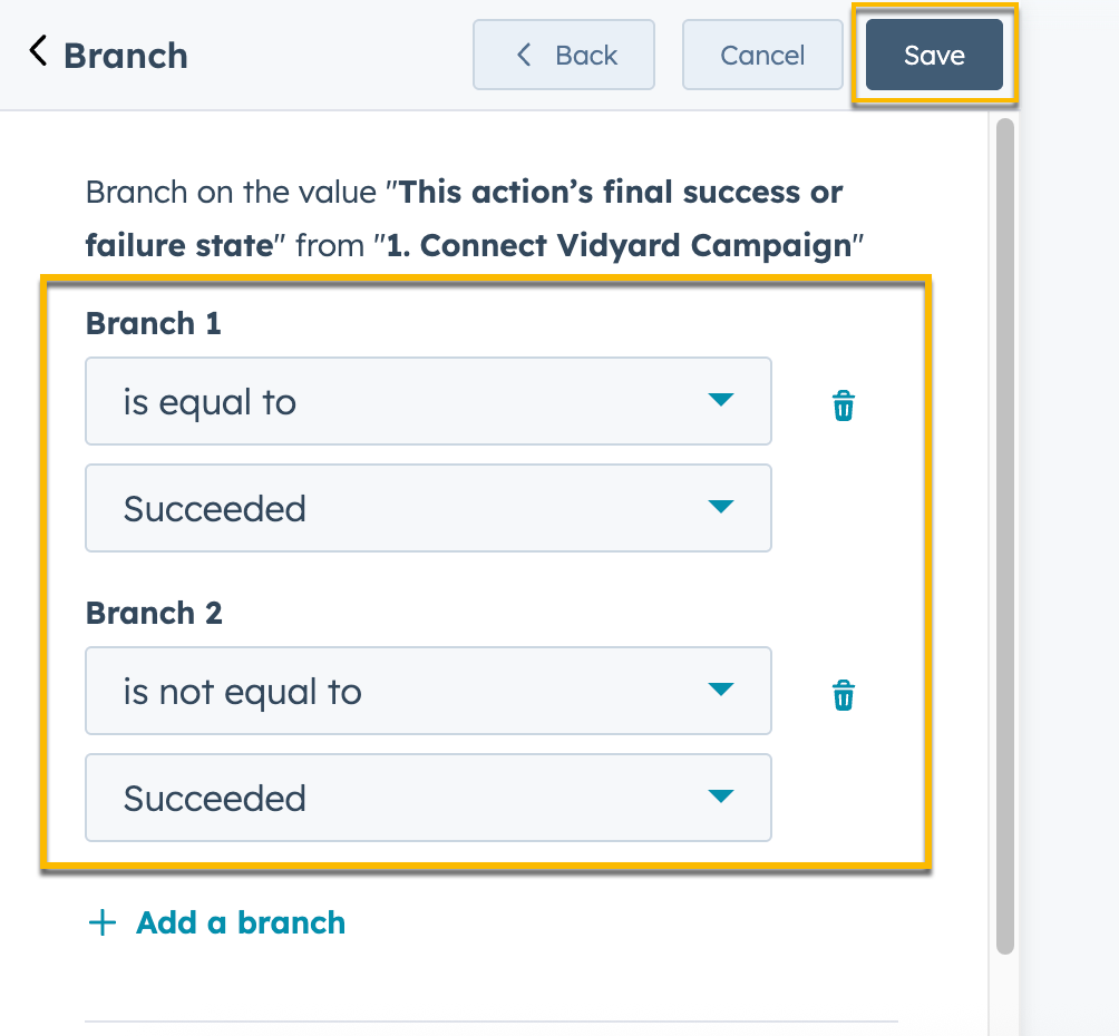 Two created branches that determine if a workflow continues on success or stops on failure