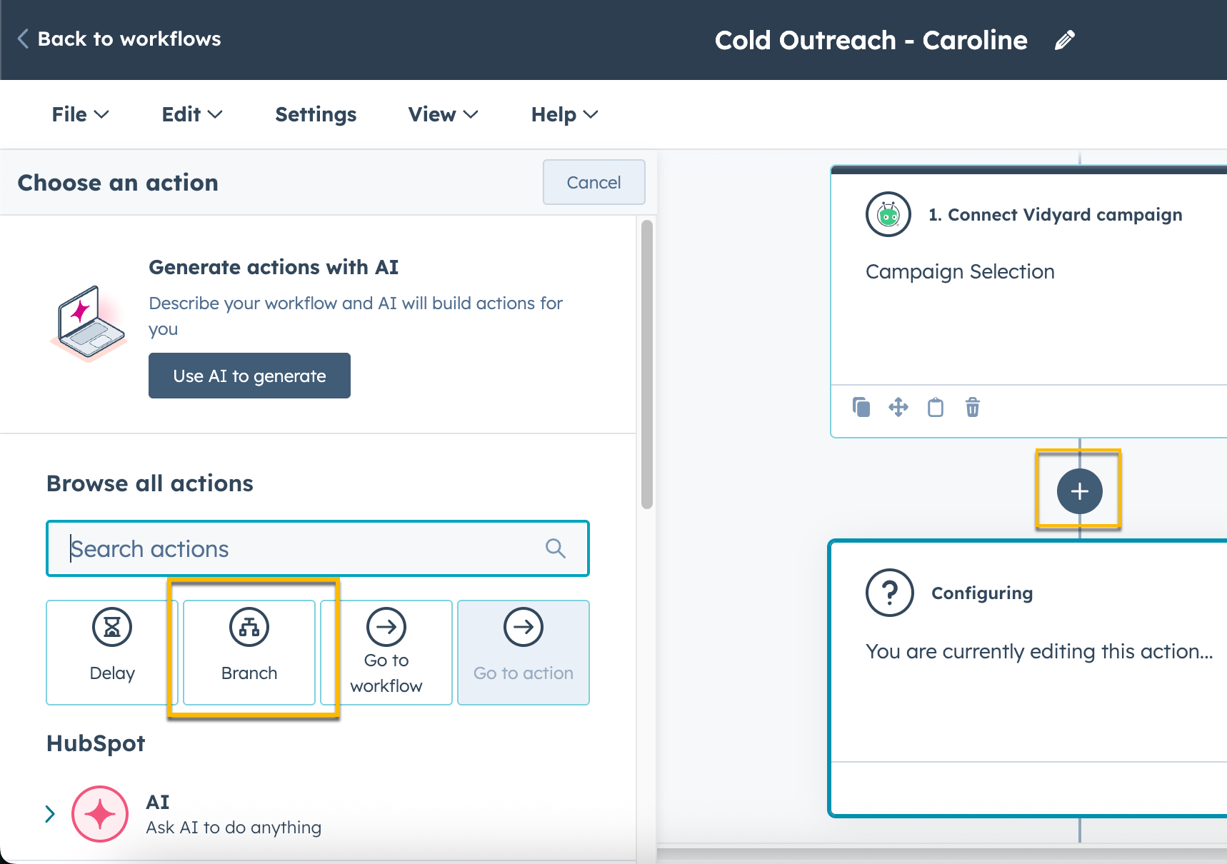 New HubSpot workflow action being added with branch action option selected