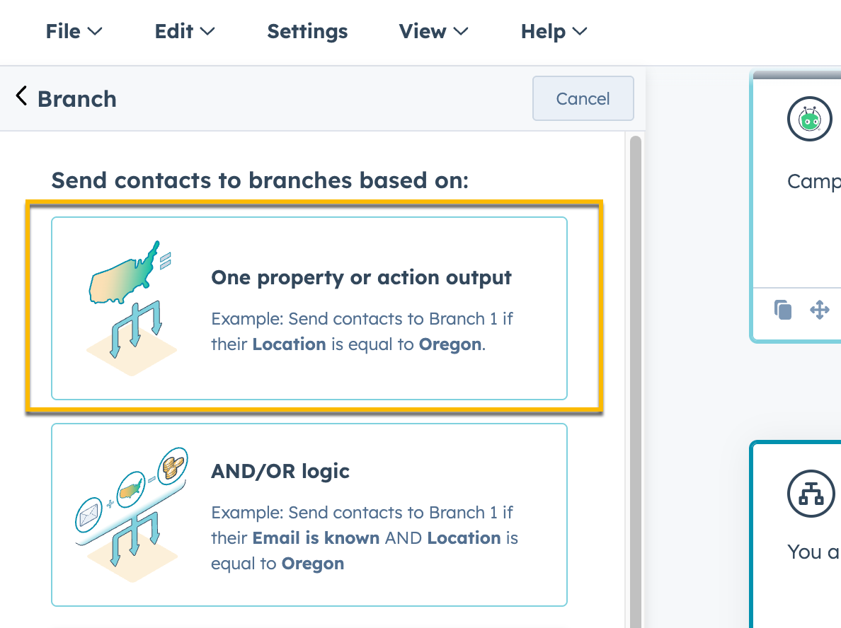 Selecting one property or action output to send contact to branches based on