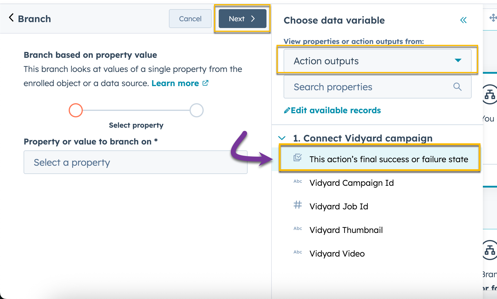 Action outputs selected from dropdown menu and property for action's success or failure selected from list
