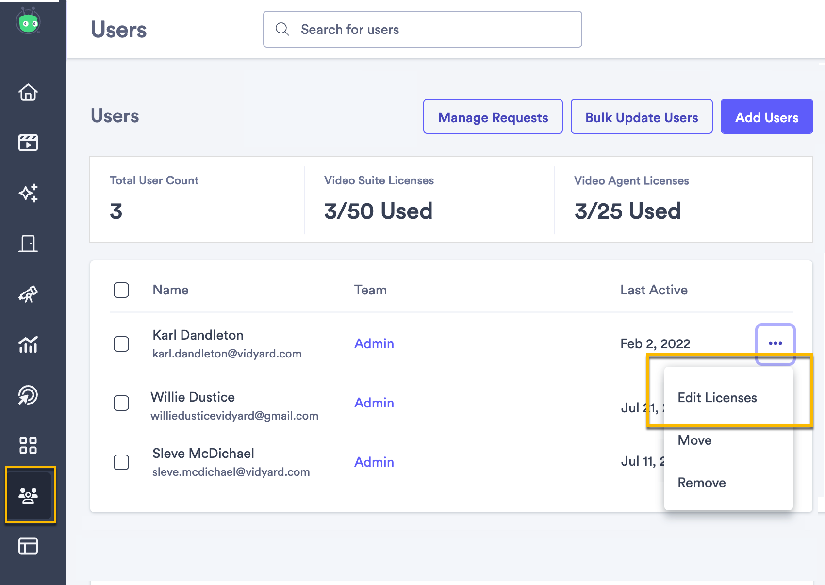 Vidyard users page with menu open next to a user and option to edit licenses selected