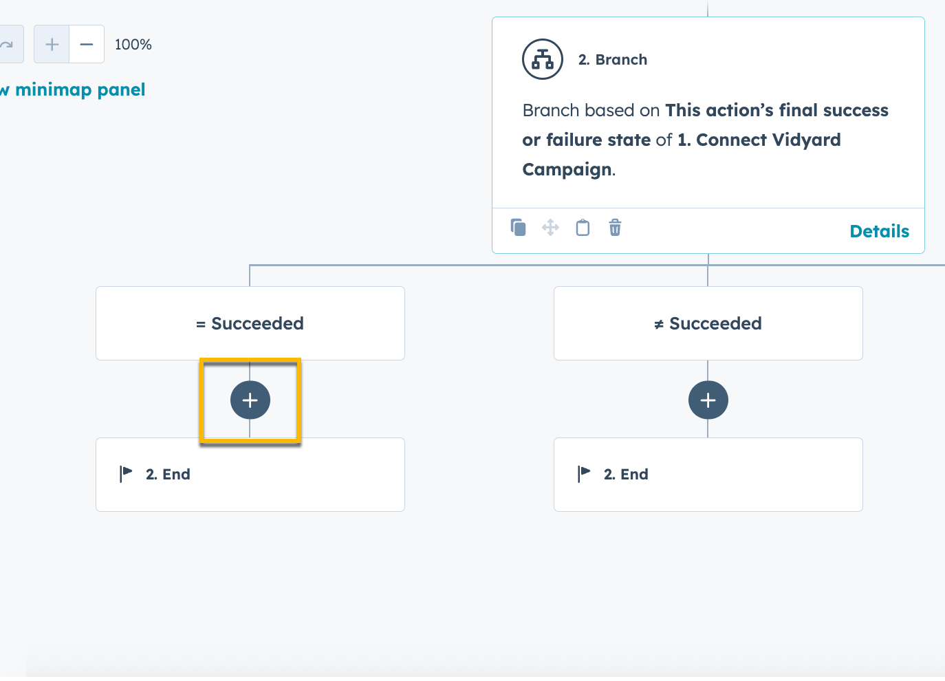 HubSpot workflow branch with add action button highlighted under = succeeded branch