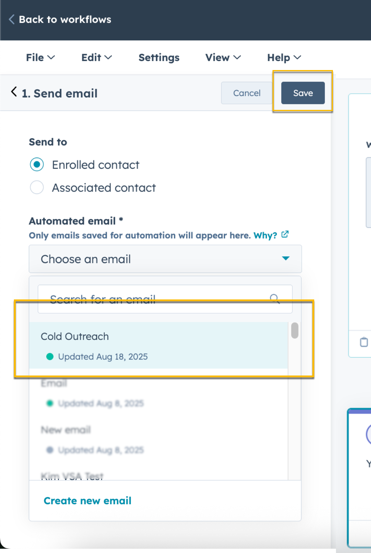 HubSpot send email action with email selected from dropdown menu and save button highlighted