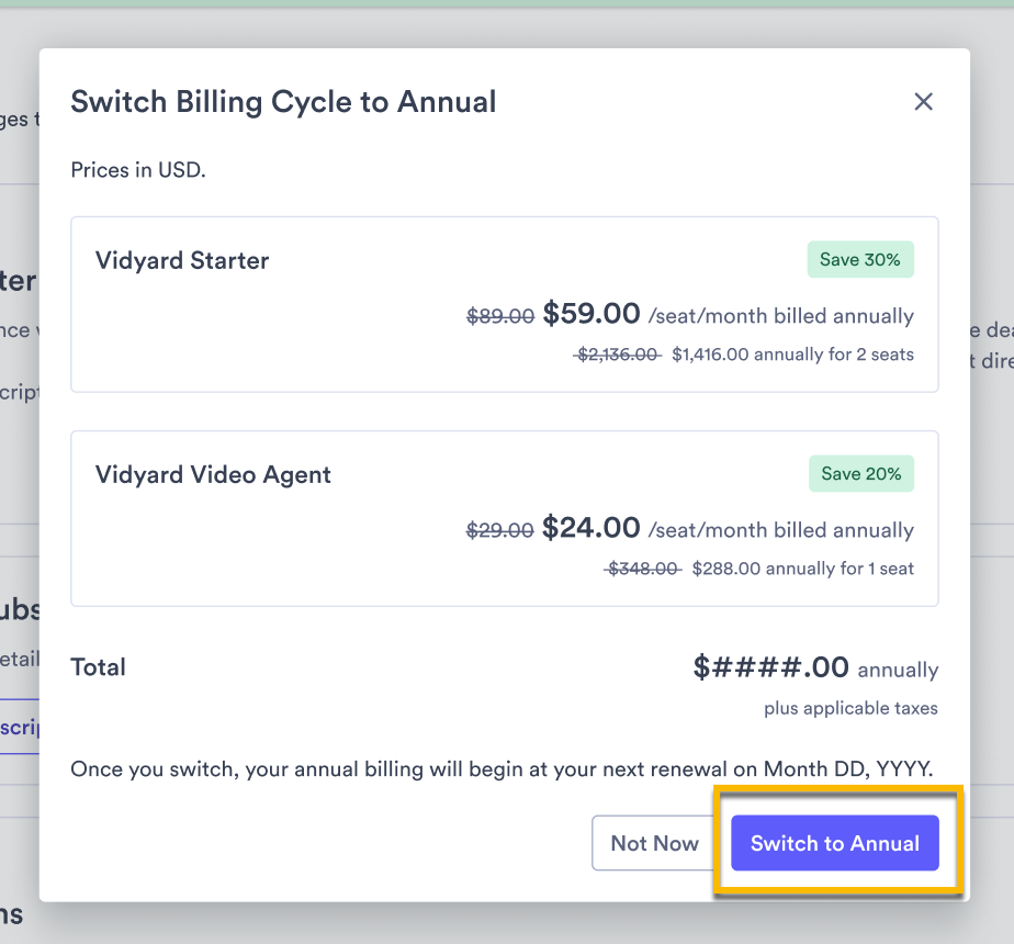 Billing page to switch cycles showing cost breakdown and confirmation