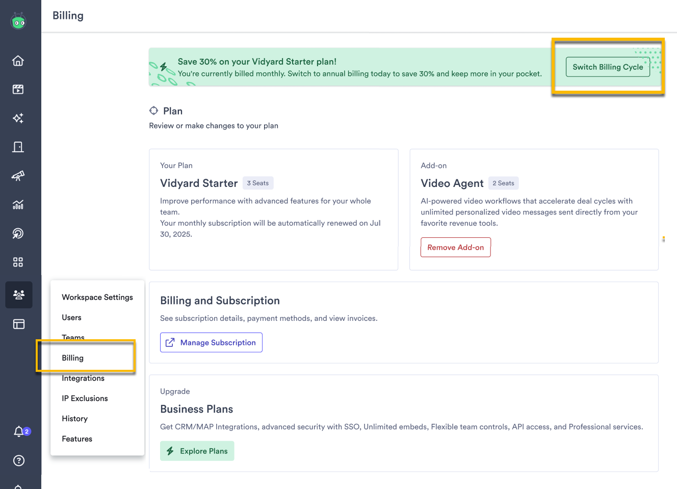 Vidyard billing page with button to switch billing cycle in page banner selected
