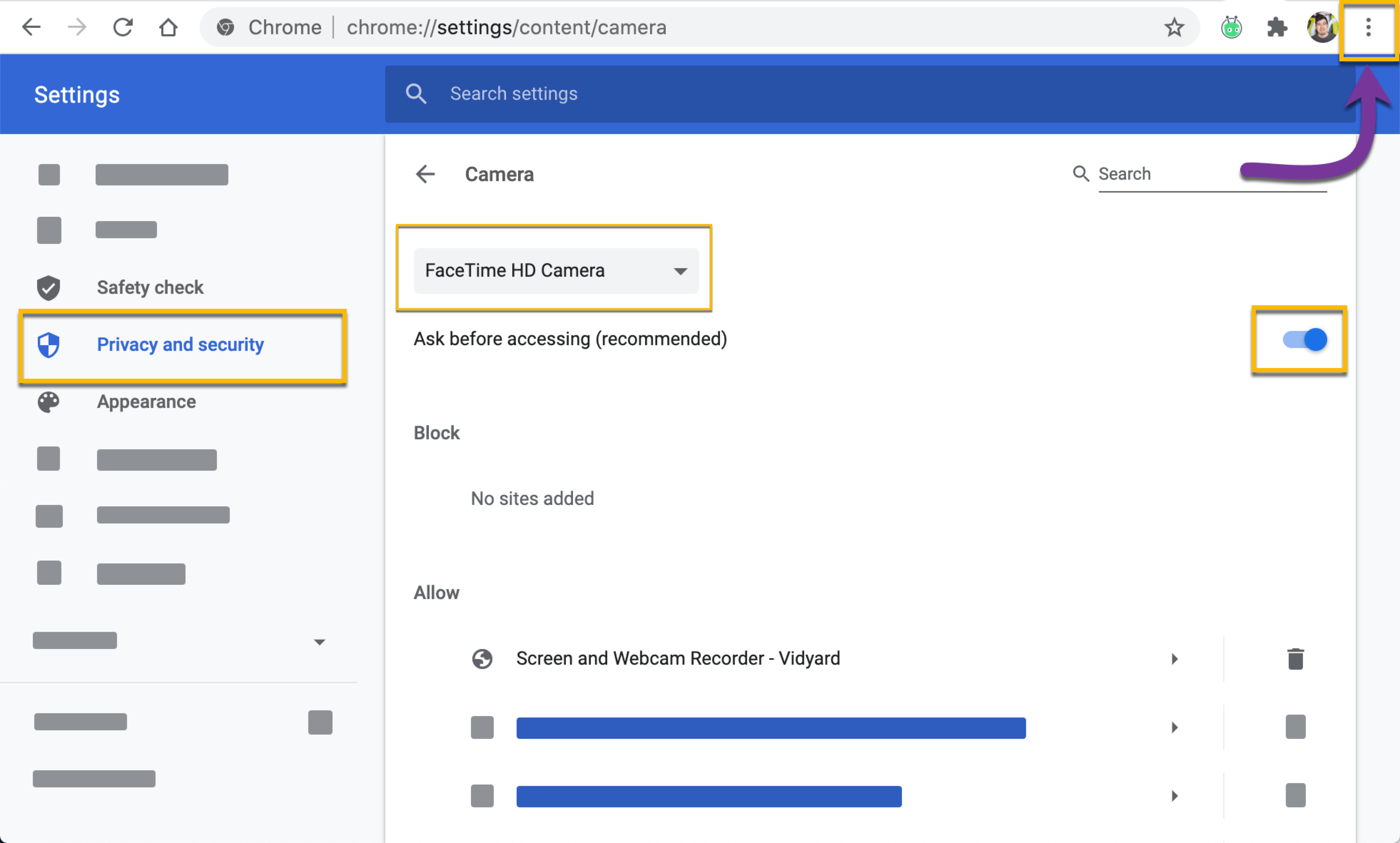 Google Chrome settings showing Privacy and security section with blocked resource list and camera selected from input dropdown menu