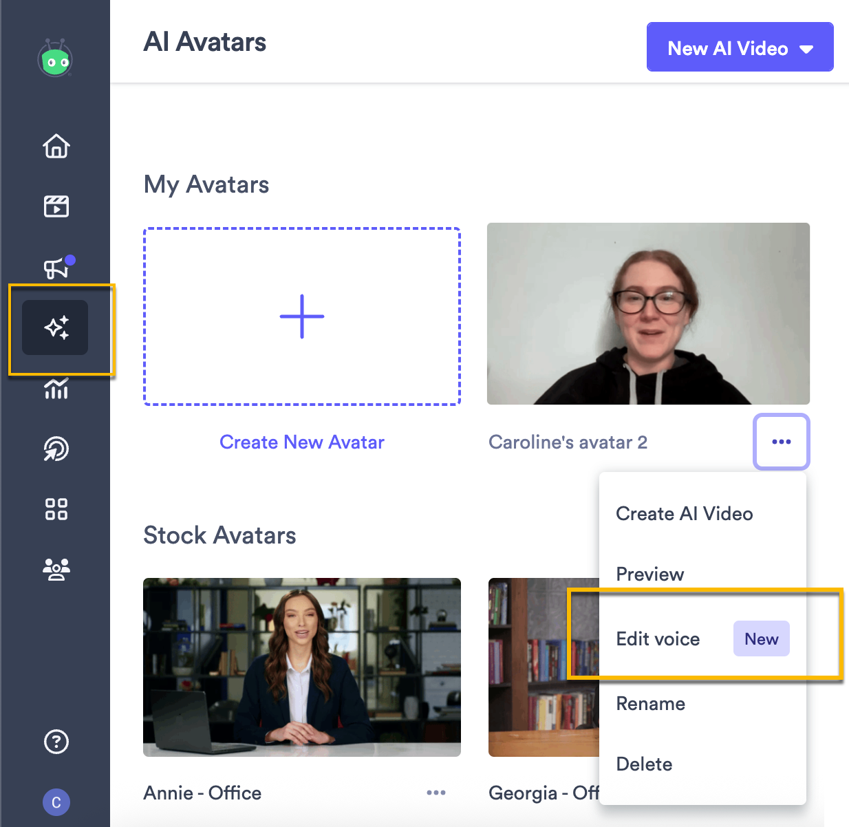 Vidyard AI Avatar with 3 dot menu open and Edit voice option selected