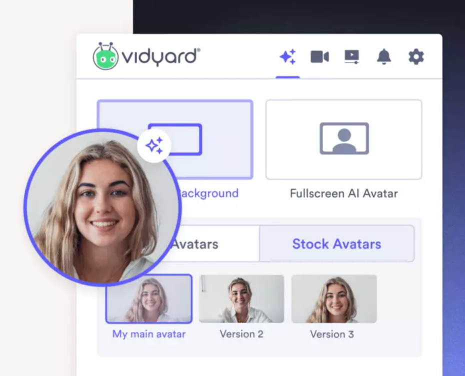 AI avatar preview bubble open on the Vidyard extension