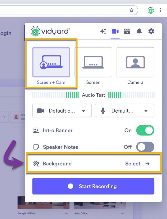 Vidyard Chrome extension open with background selection option highlighted and screen + cam option selected