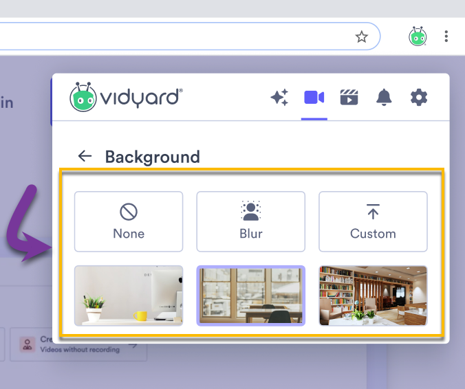 List of background options for Vidyard extension screen + cam recording