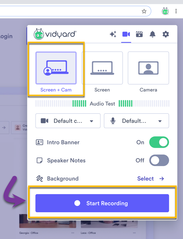 Using the controls to choose the type of video you want to recording, adjust your camera and microphone, then selecting Start Recording to begin