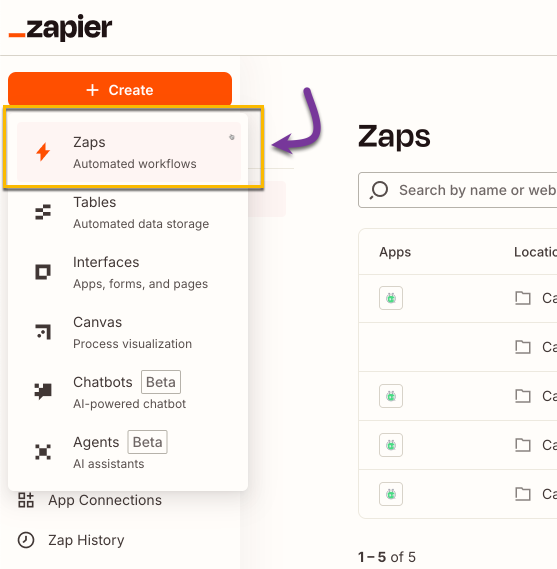 Button to create new Zap selected from main Zapier page