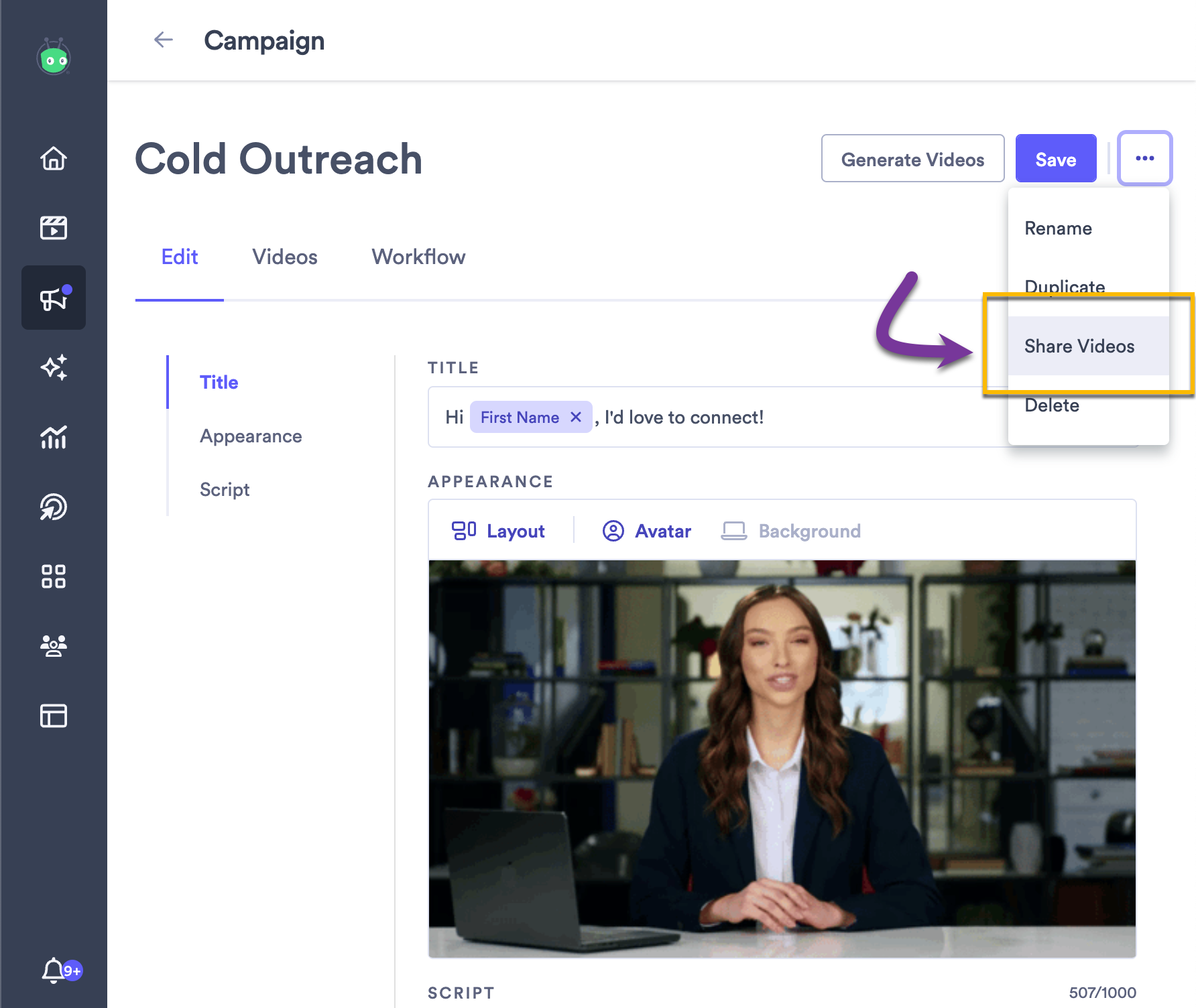 Campaign menu open on the campaign edit page with option to share videos selected
