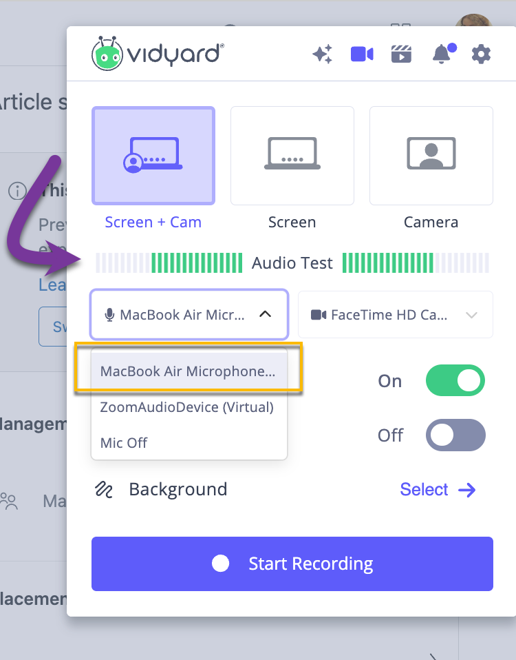 Vidyard browser extension main page with microphone selected from input dropdown menu
