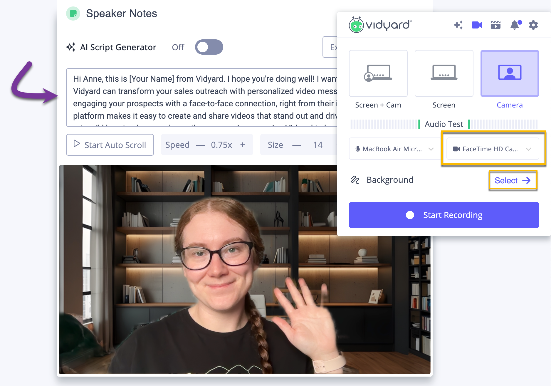 Vidyard Chrome extension camera recording option with script and option to change background highlighted