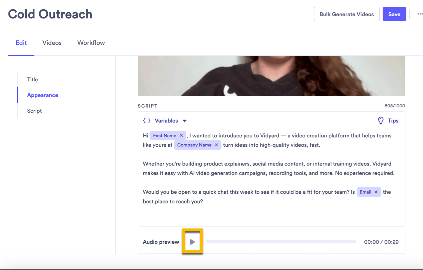 Vidyard campaign script with play button for audio preview highlighted at the bottom of the page