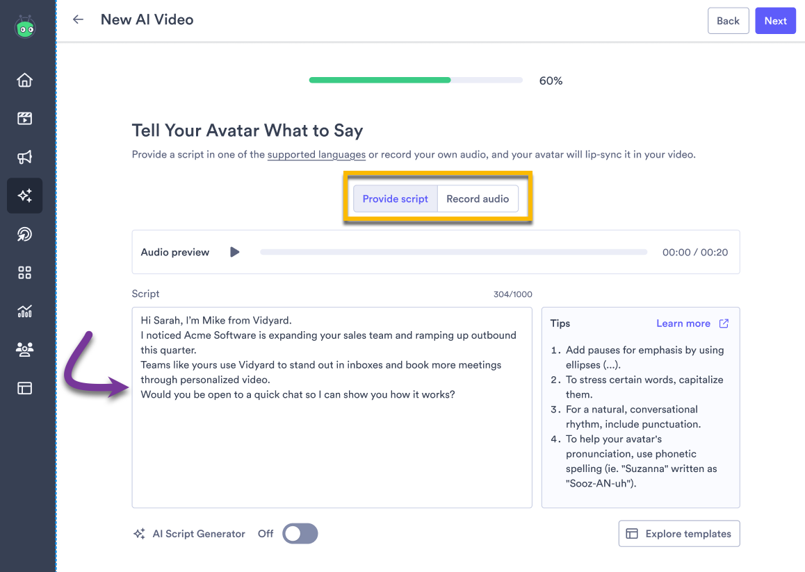 Video script section of AI video creation in library with option for script or audio recording and next step button highlighted