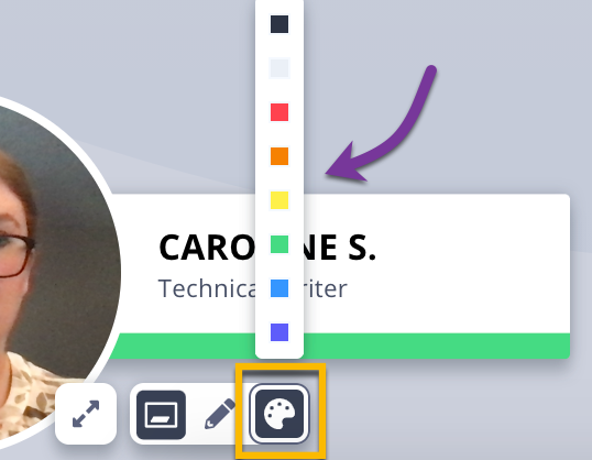 Color selector palette pressed in Vidyard intro banner settings, to the right of camera bubble